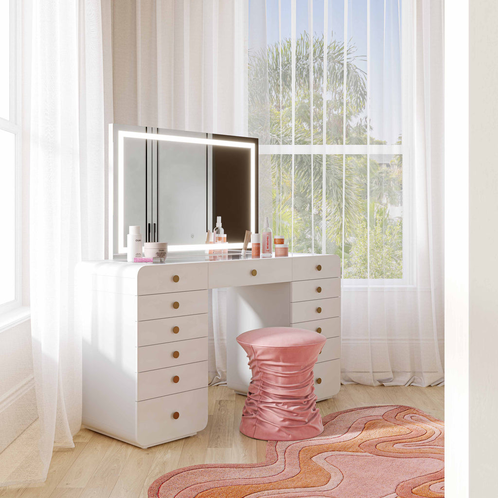 Hollywood 56" White Desk with LED Panel Vanity Mirror