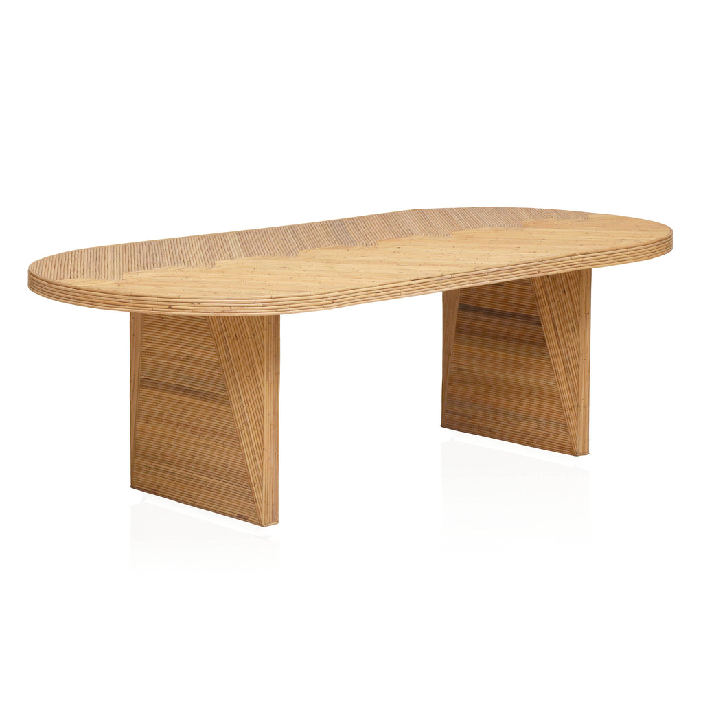 Caren 95" Natural Rattan and Glass Oval Dining Table