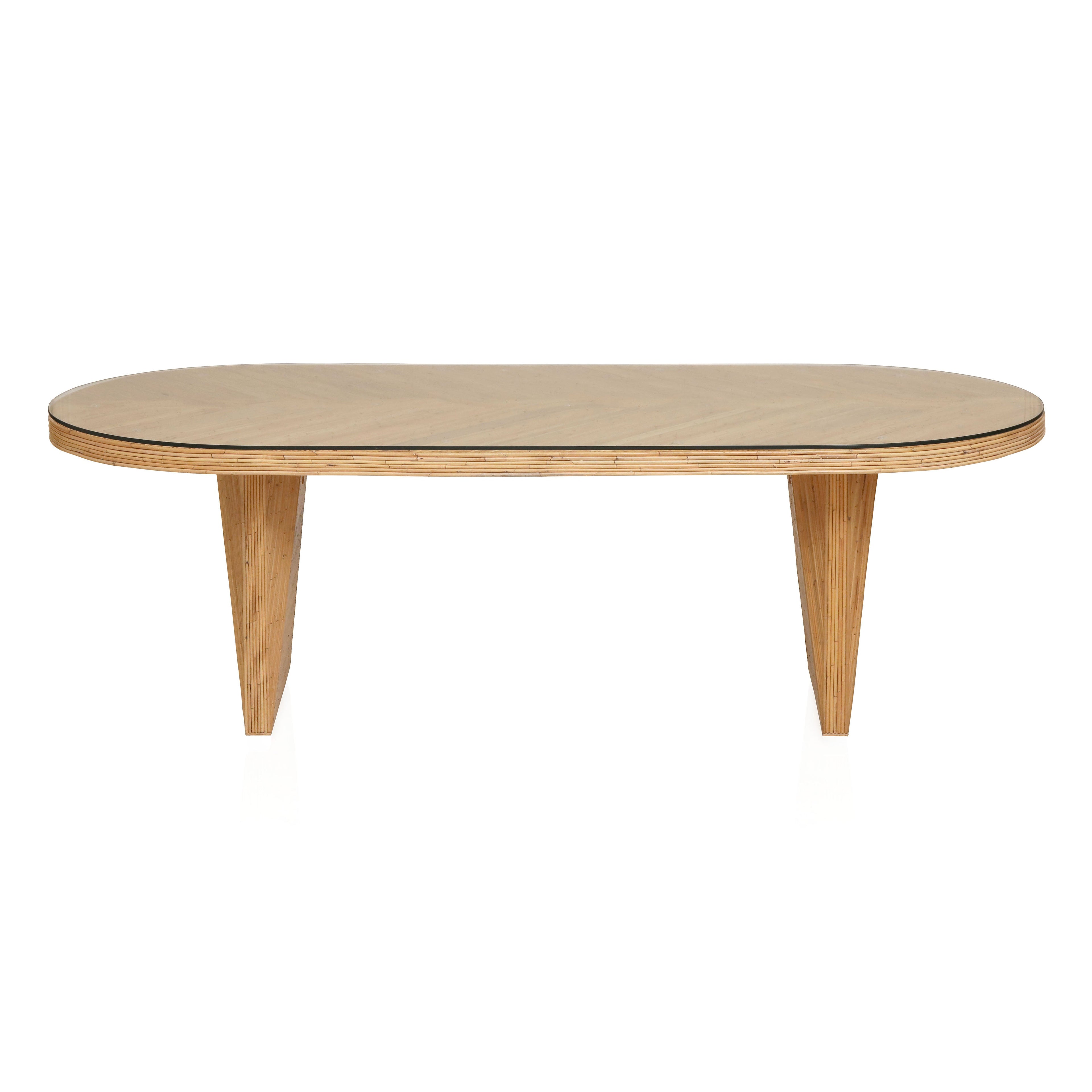 Caren 95" Natural Rattan and Glass Oval Dining Table