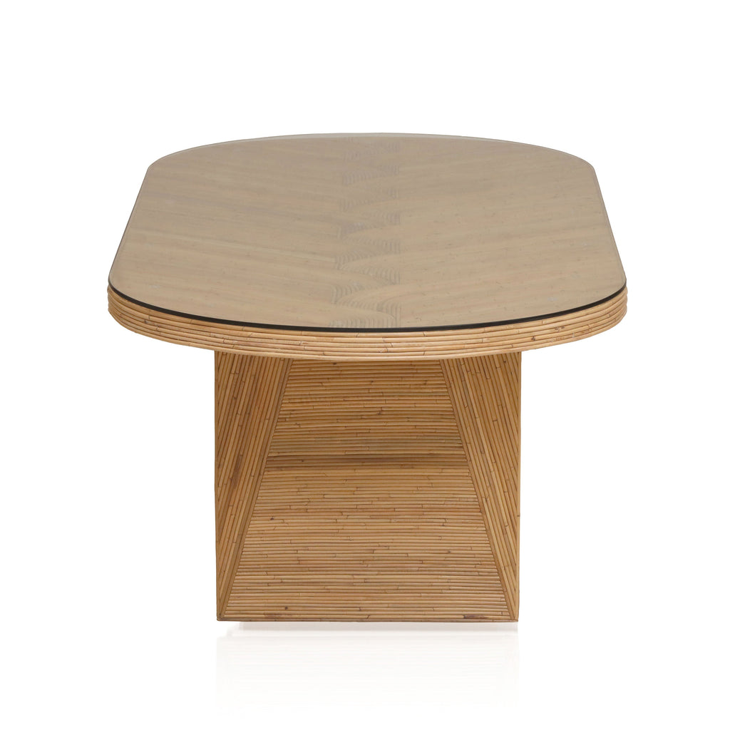 Caren 95" Natural Rattan and Glass Oval Dining Table