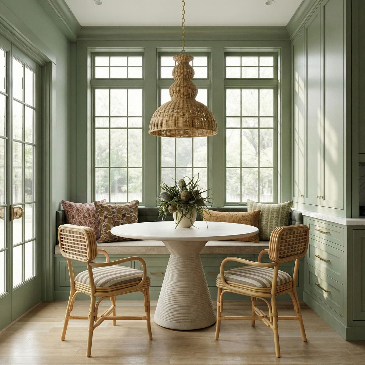 Dorine Striped Performance Linen &amp; Rattan Dining Armchair