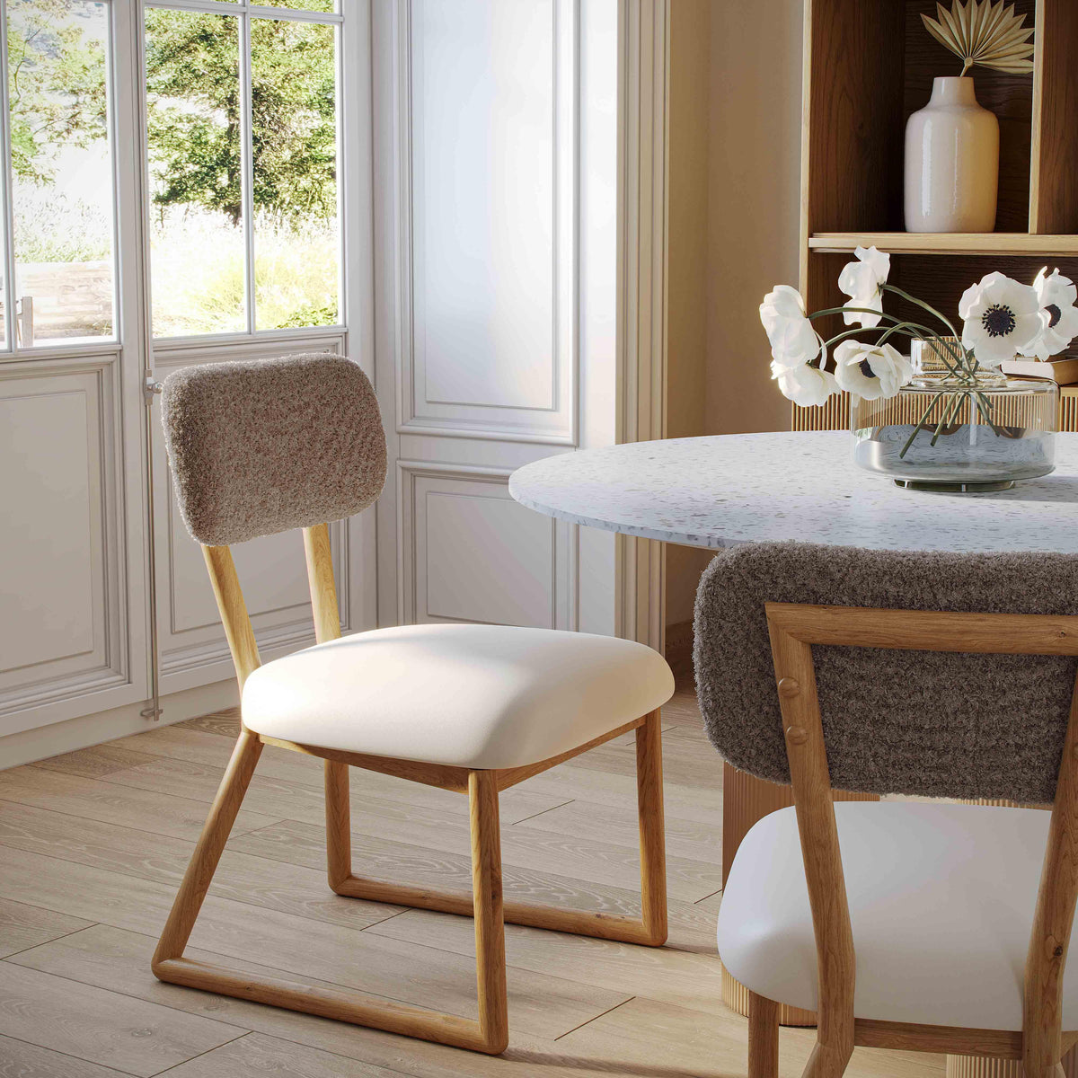 Bobbie Cream Performance Vegan Leather and Grey Vegan Shearling Dining Chair