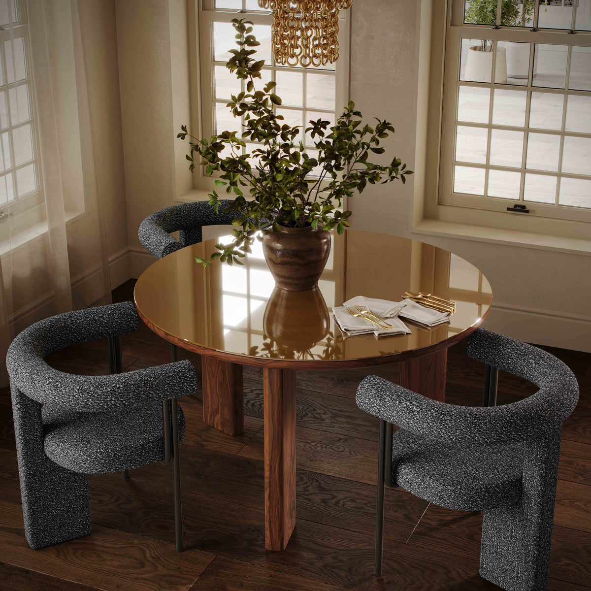 Oani 51" Walnut and Glass Round Dining Table