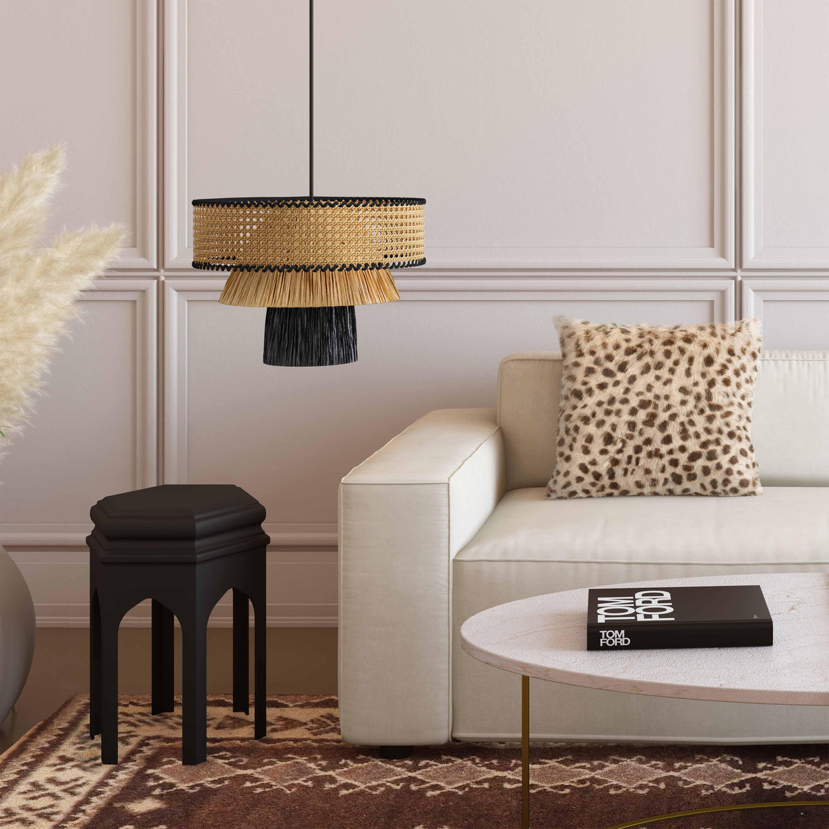 Rylie Natural &amp; Black Raffia Pendant Lamp