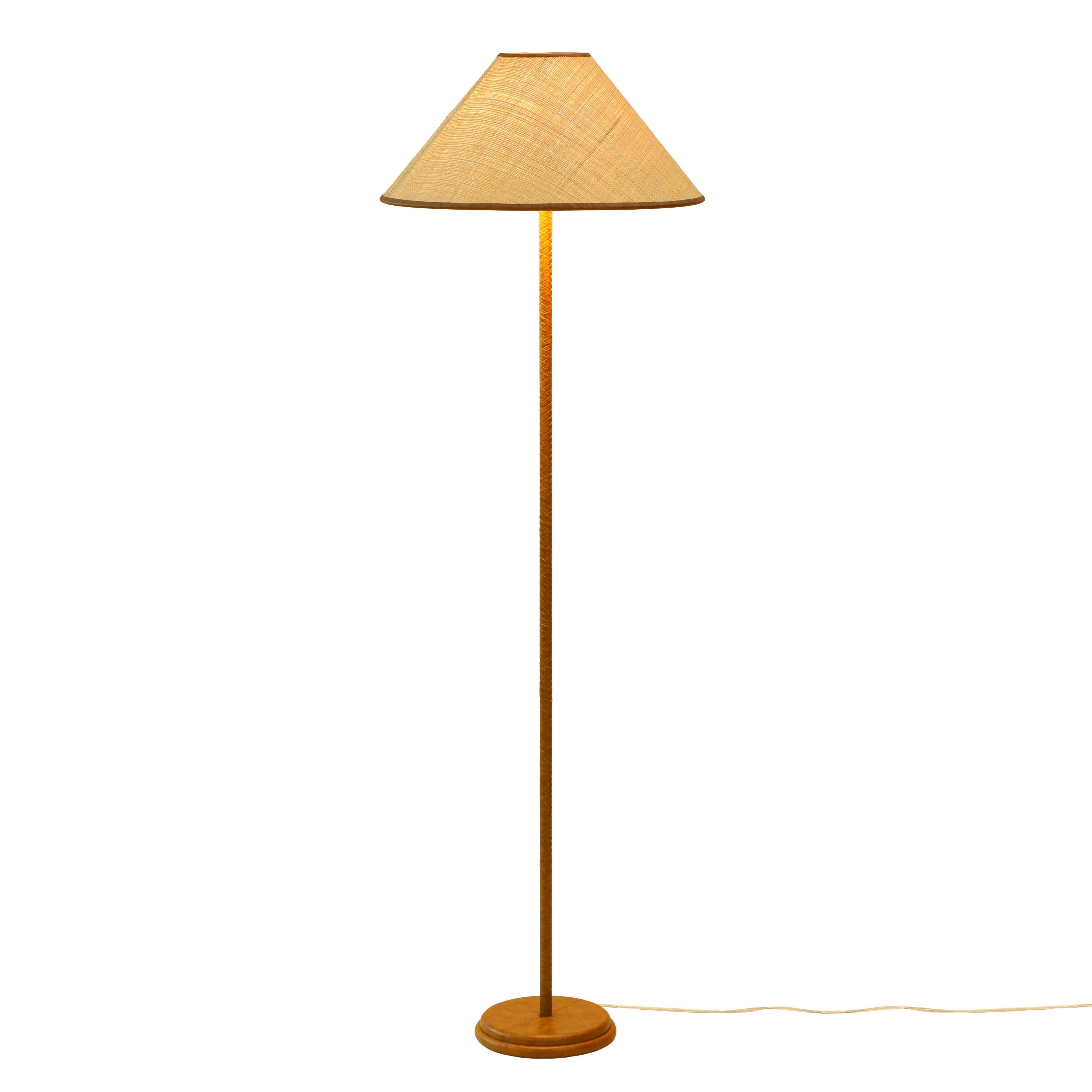 Keria Natural Vegan Leather and Raffia Contract-Grade Floor Lamp