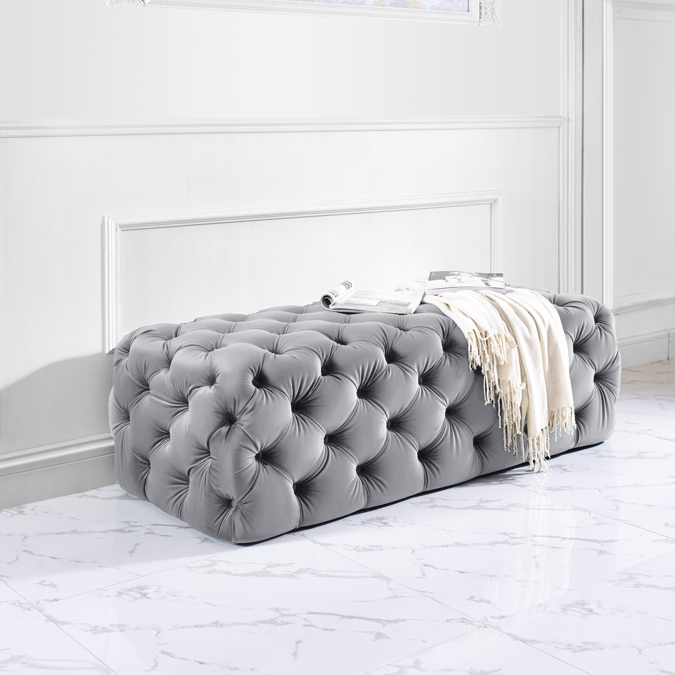 Kaylee 49" Performance Velvet Tufted Jumbo Ottoman