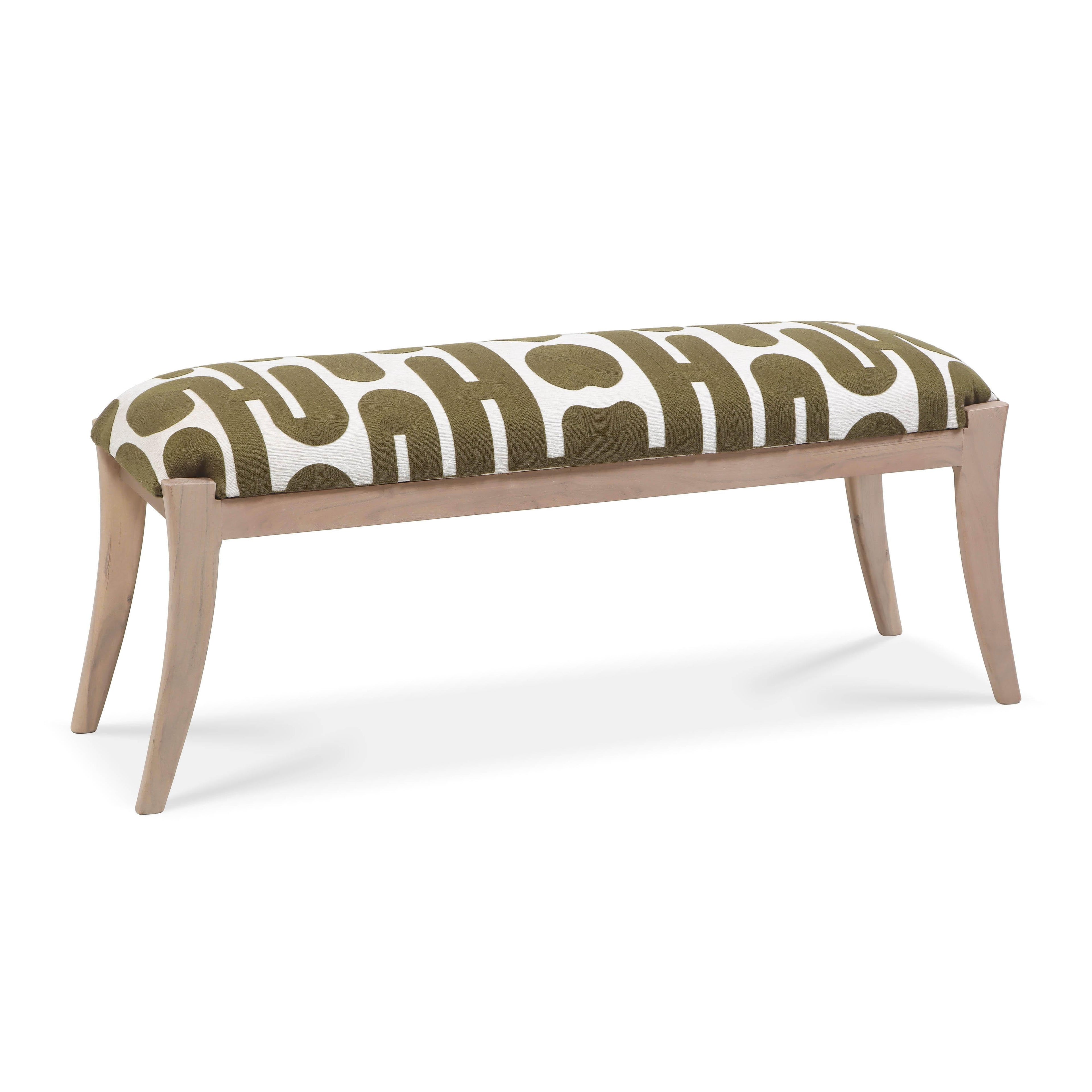 Arielle 48" Olive &amp; White Embroidered Bench