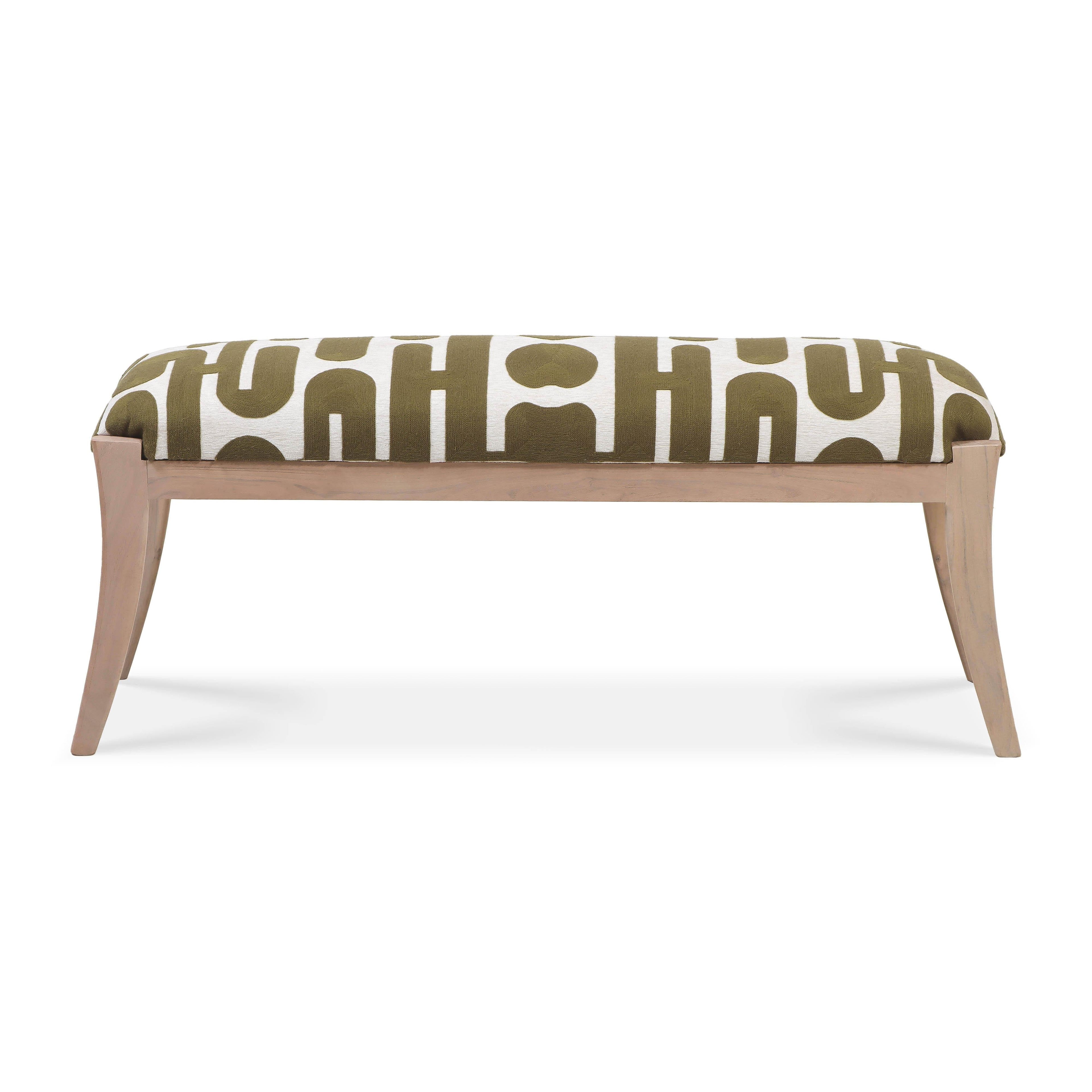 Arielle 48" Olive &amp; White Embroidered Bench