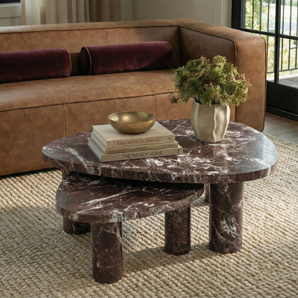 Libby 2-Piece Faux Red Levanto Marble Indoor/Outdoor Nesting Coffee Table Set