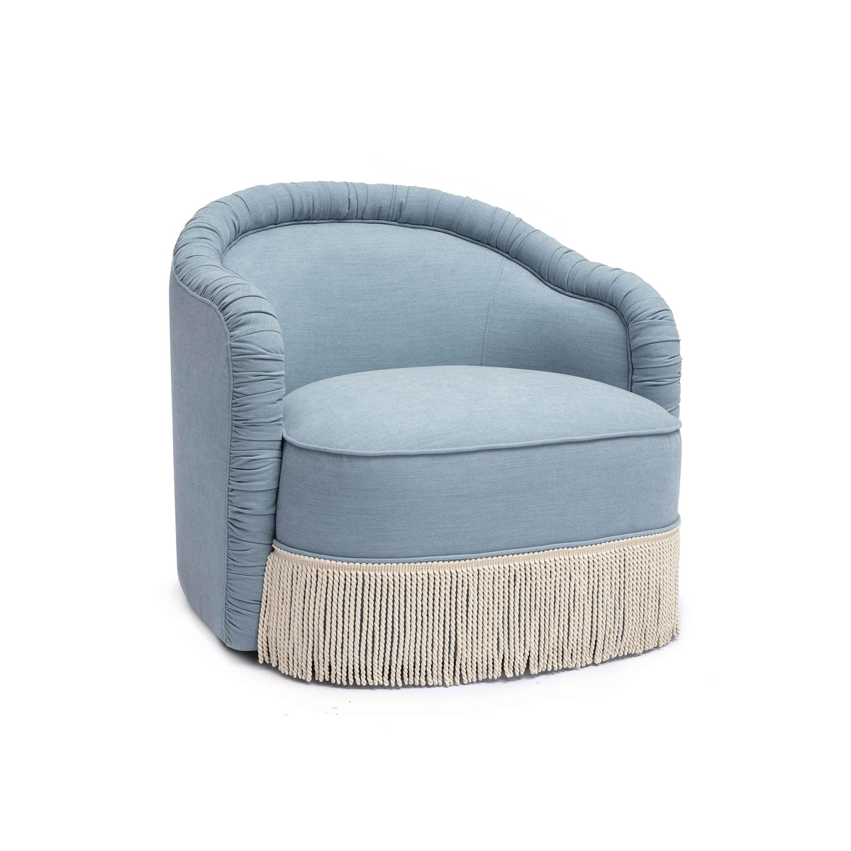 Pamela Faded Blue Upcycled Performance Fabric Tasseled Lounge Accent Chair