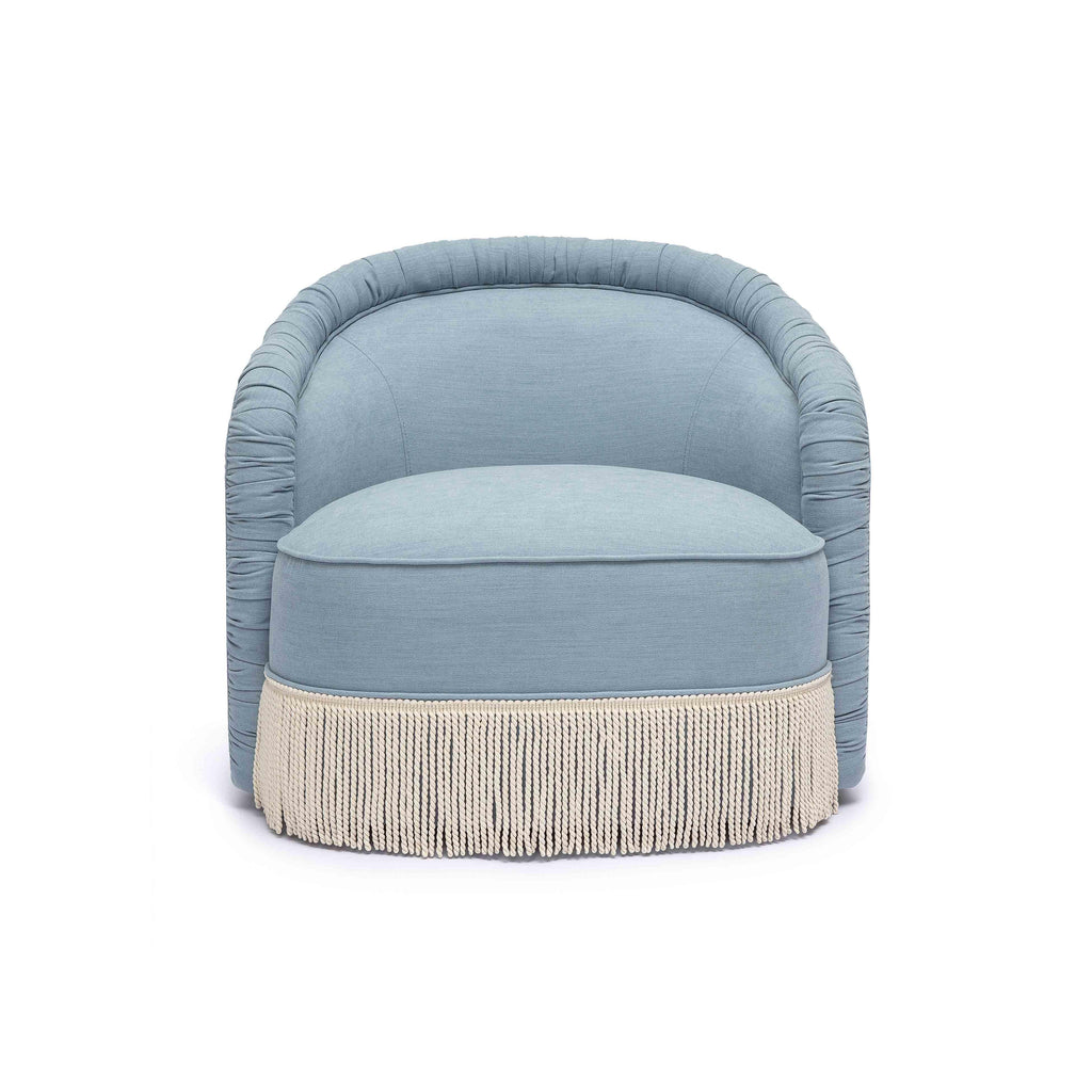 Pamela Faded Blue Upcycled Performance Fabric Tasseled Lounge Accent Chair
