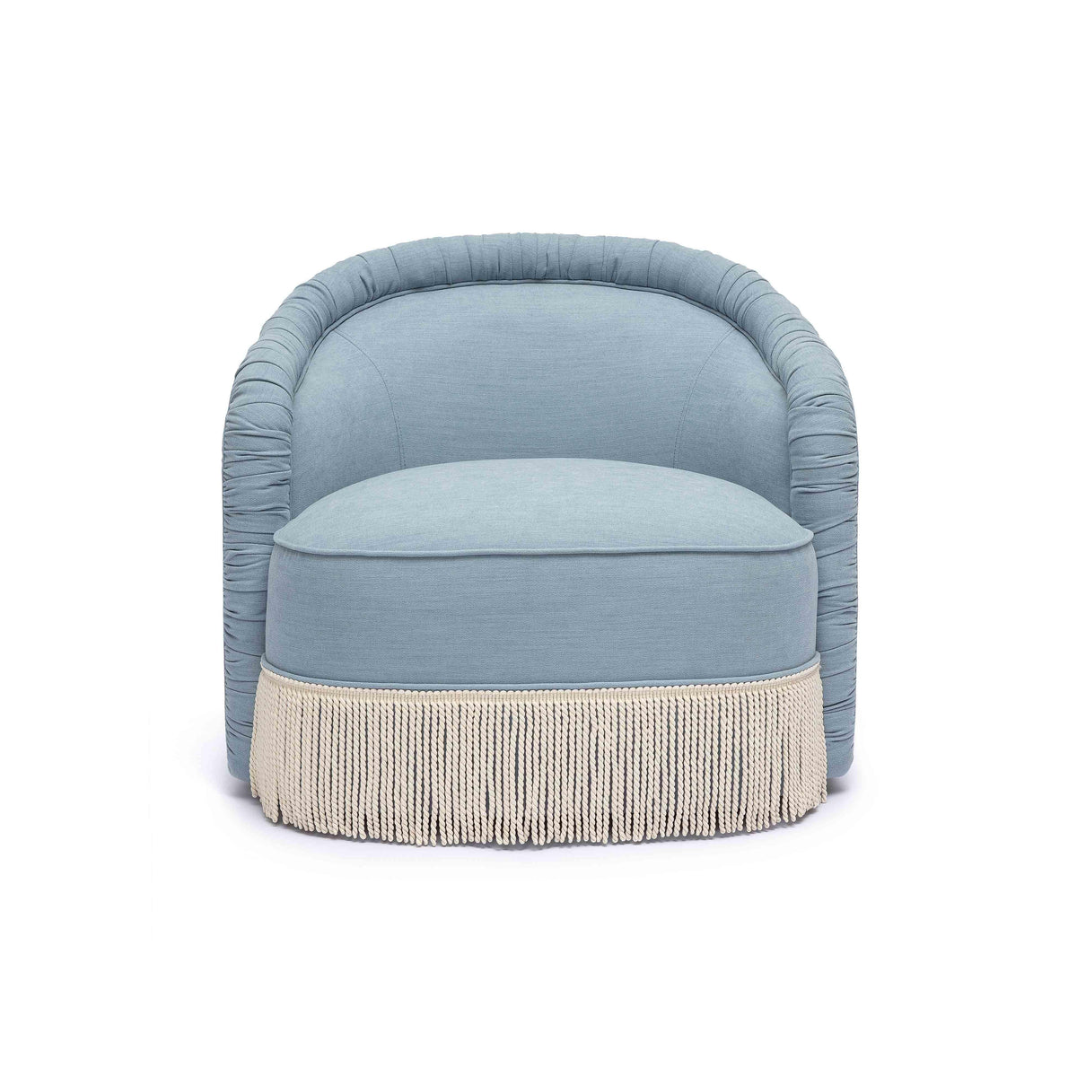 Pamela Faded Blue Upcycled Performance Fabric Tasseled Lounge Accent Chair