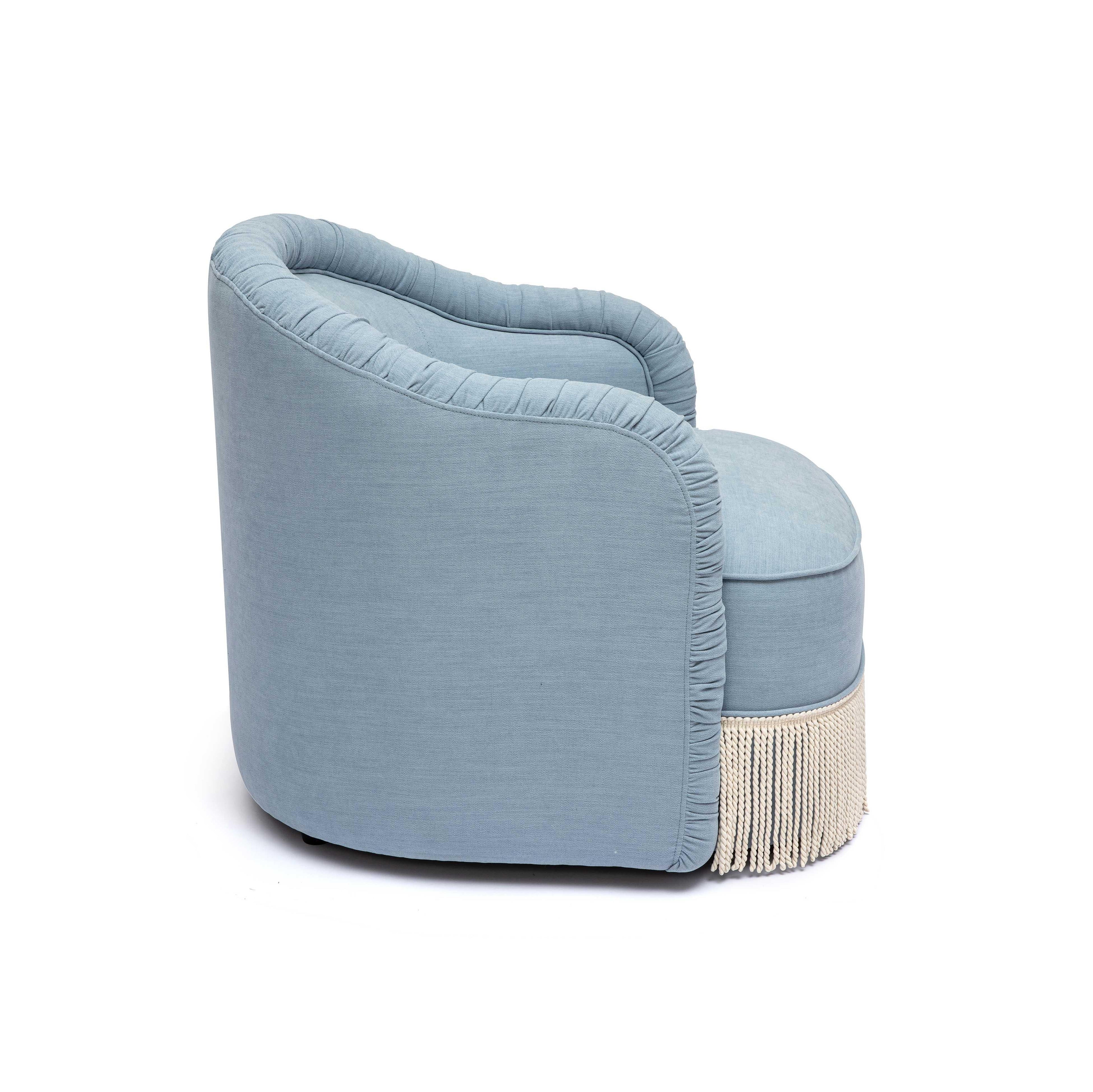 Pamela Faded Blue Upcycled Performance Fabric Tasseled Lounge Accent Chair