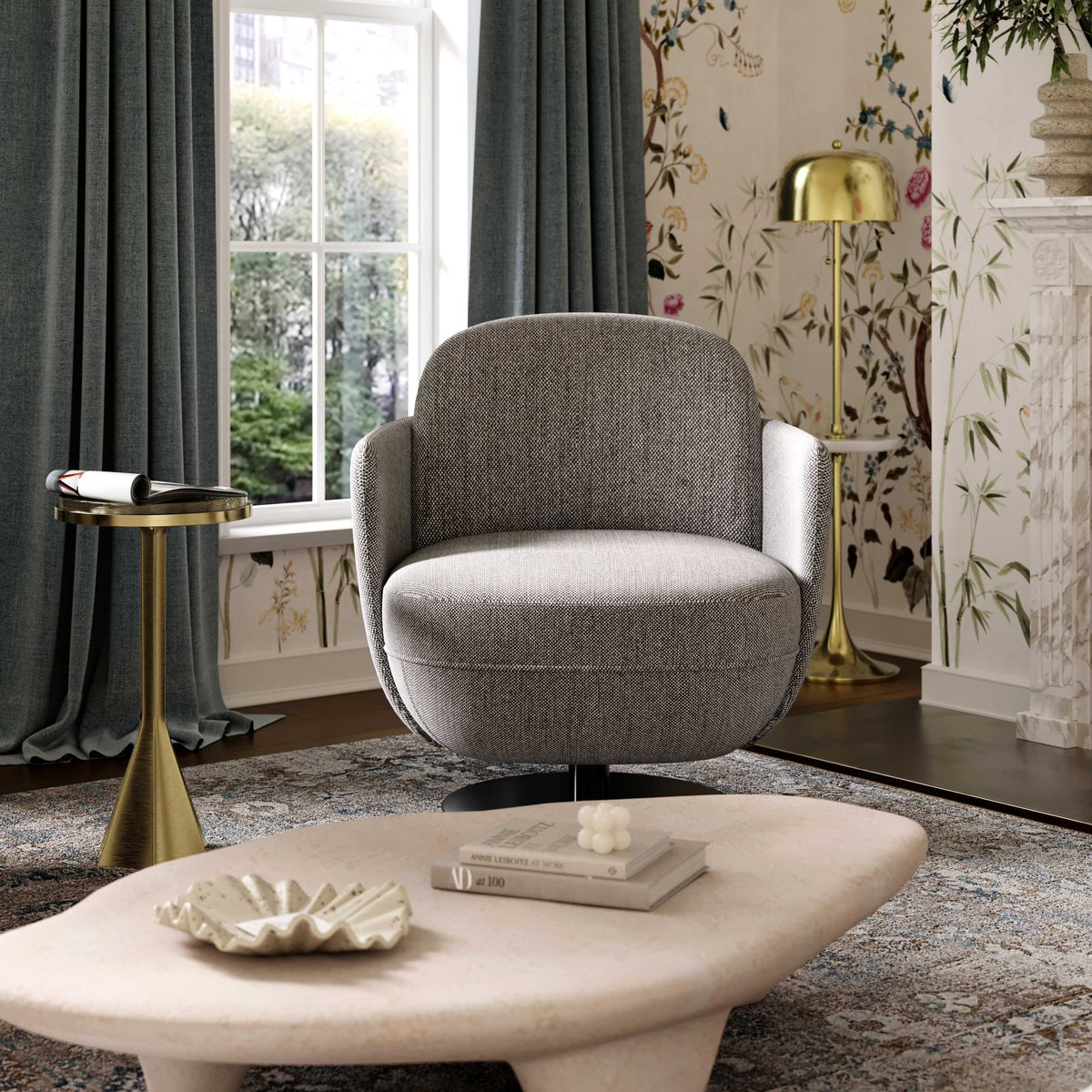 Solange Grey Textured Contract-Grade Weave Fabric Swivel Accent Chair