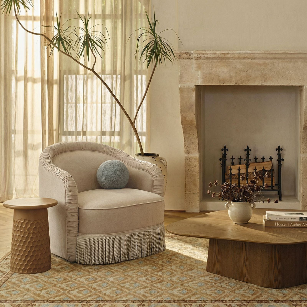 Pamela Tan Performance Chenille Tasseled Lounge Accent Chair