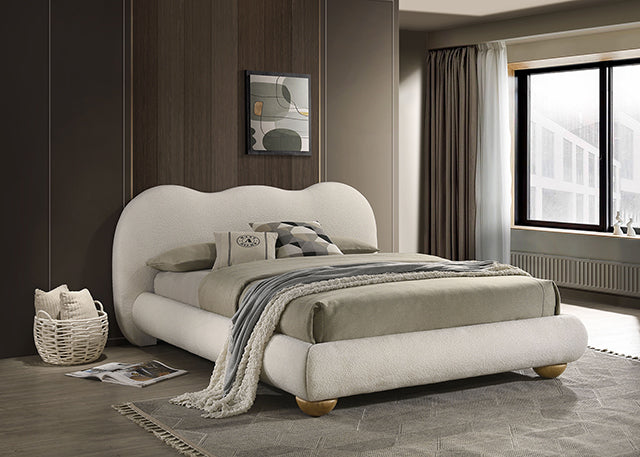 Finamore Upholstered Bed in White / Natural Oak