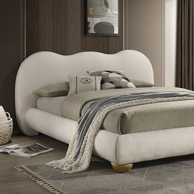Finamore Upholstered Bed in White / Natural Oak