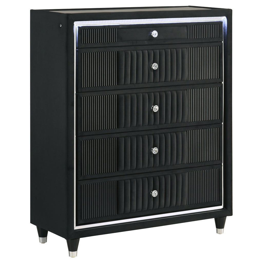 Ravenne 5-drawer Velvet Upholstered LED Chest of Drawers Black
