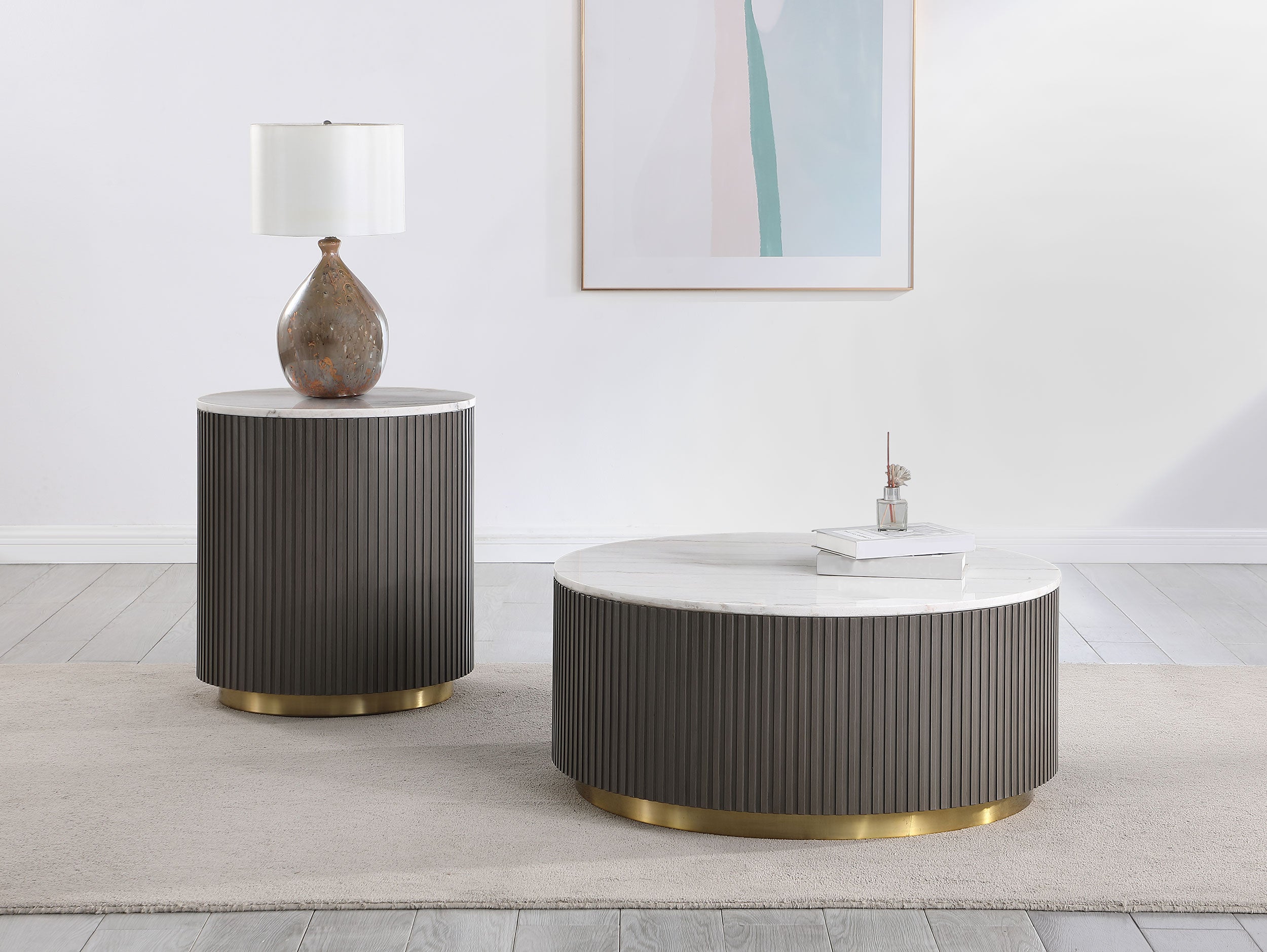 Jason 2-piece Round White Marble Coffee Table Set Charcoal