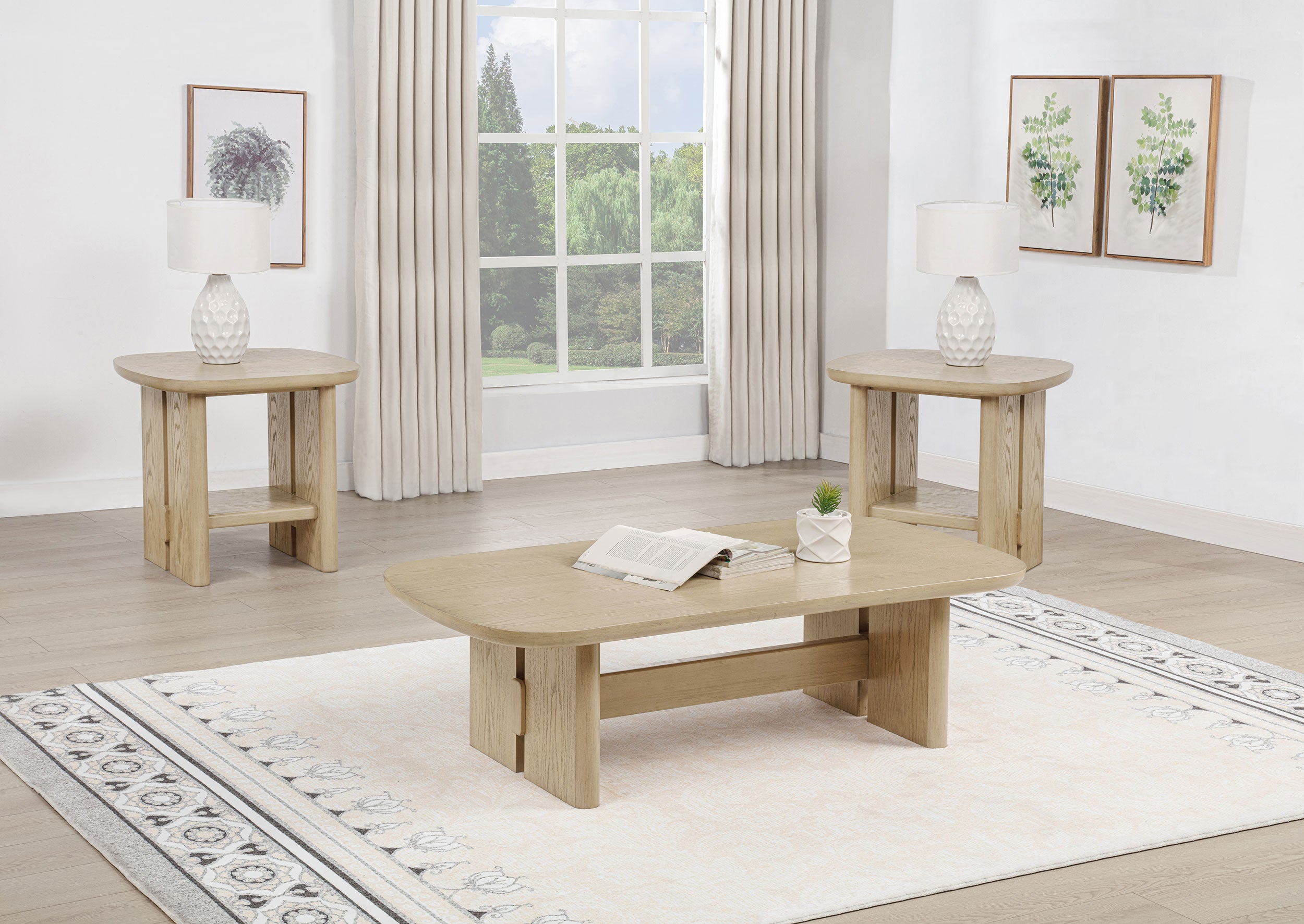 Kailani 3-piece Coastal Coffee and End Table Set Beige Oak