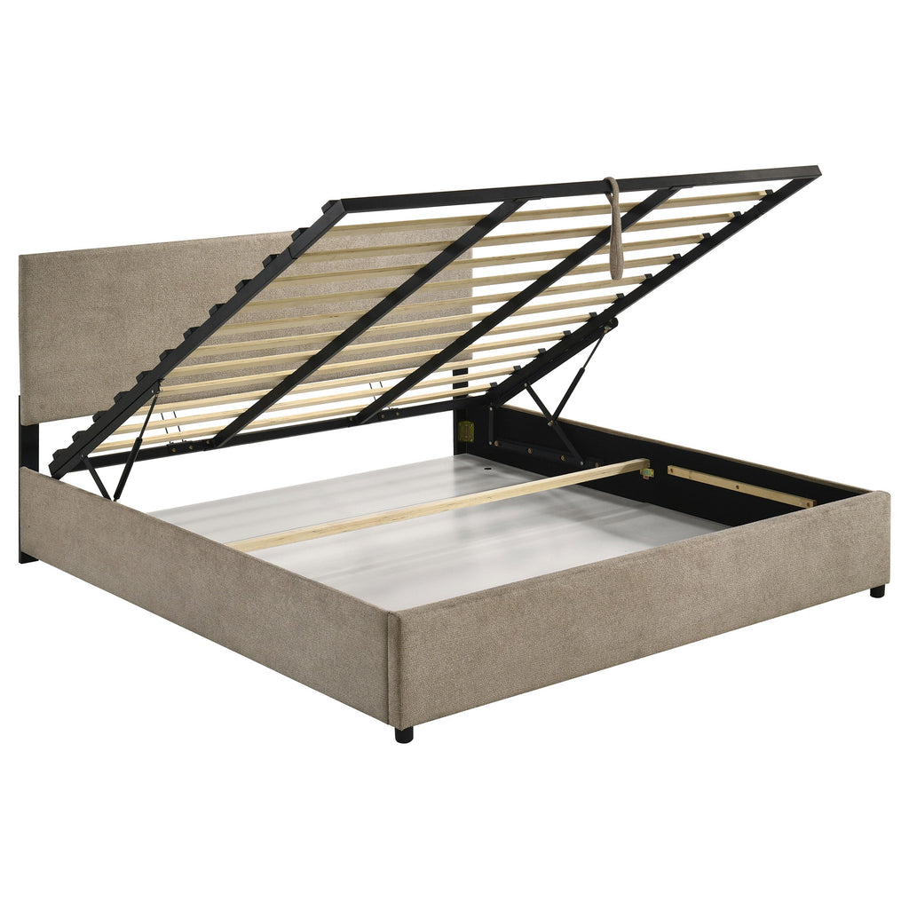 Reeves Upholstered Lift-Top Storage Platform Bed Tan — Brown King