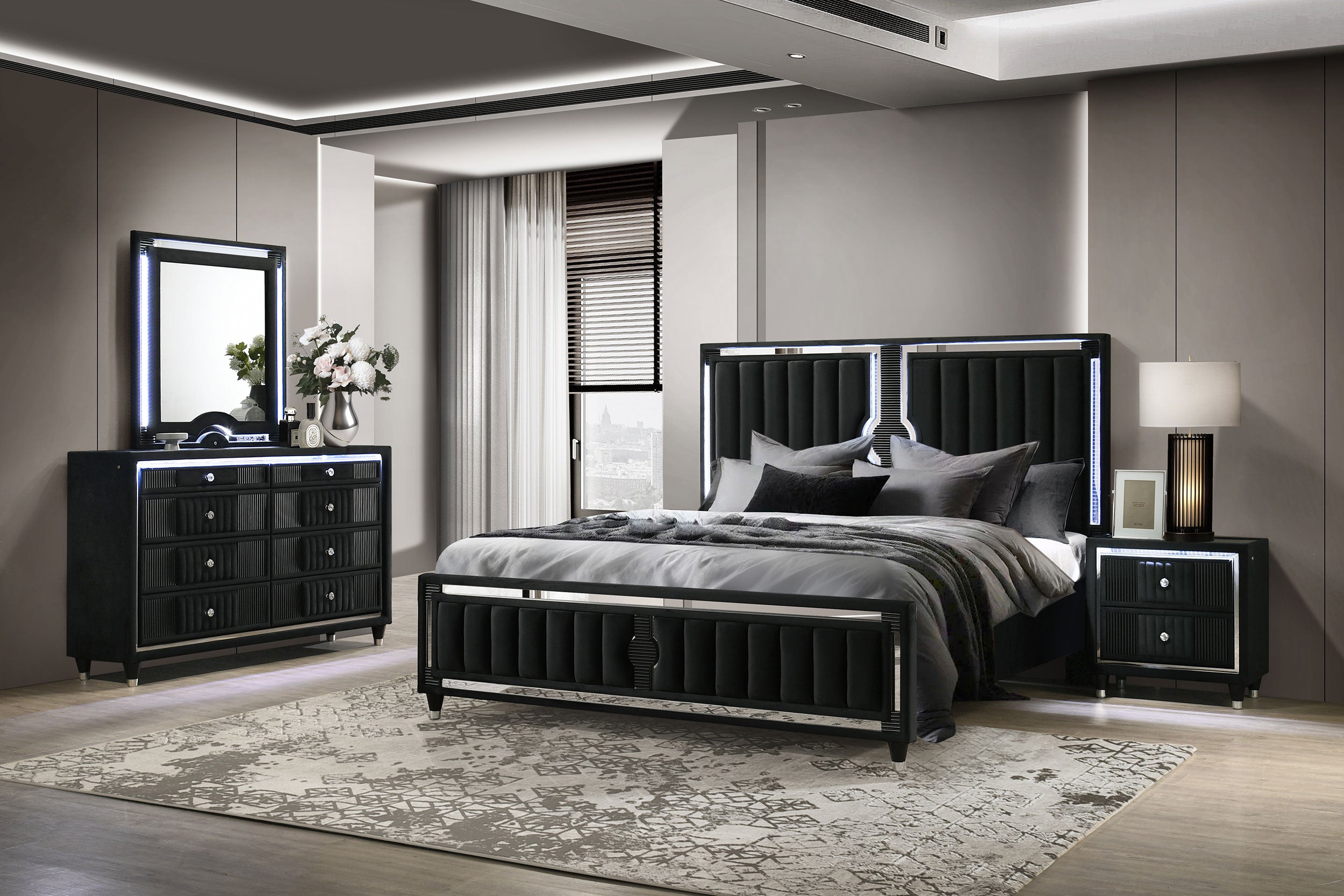 Ravenne 4-piece Velvet Upholstered Queen LED Bedroom Set Black