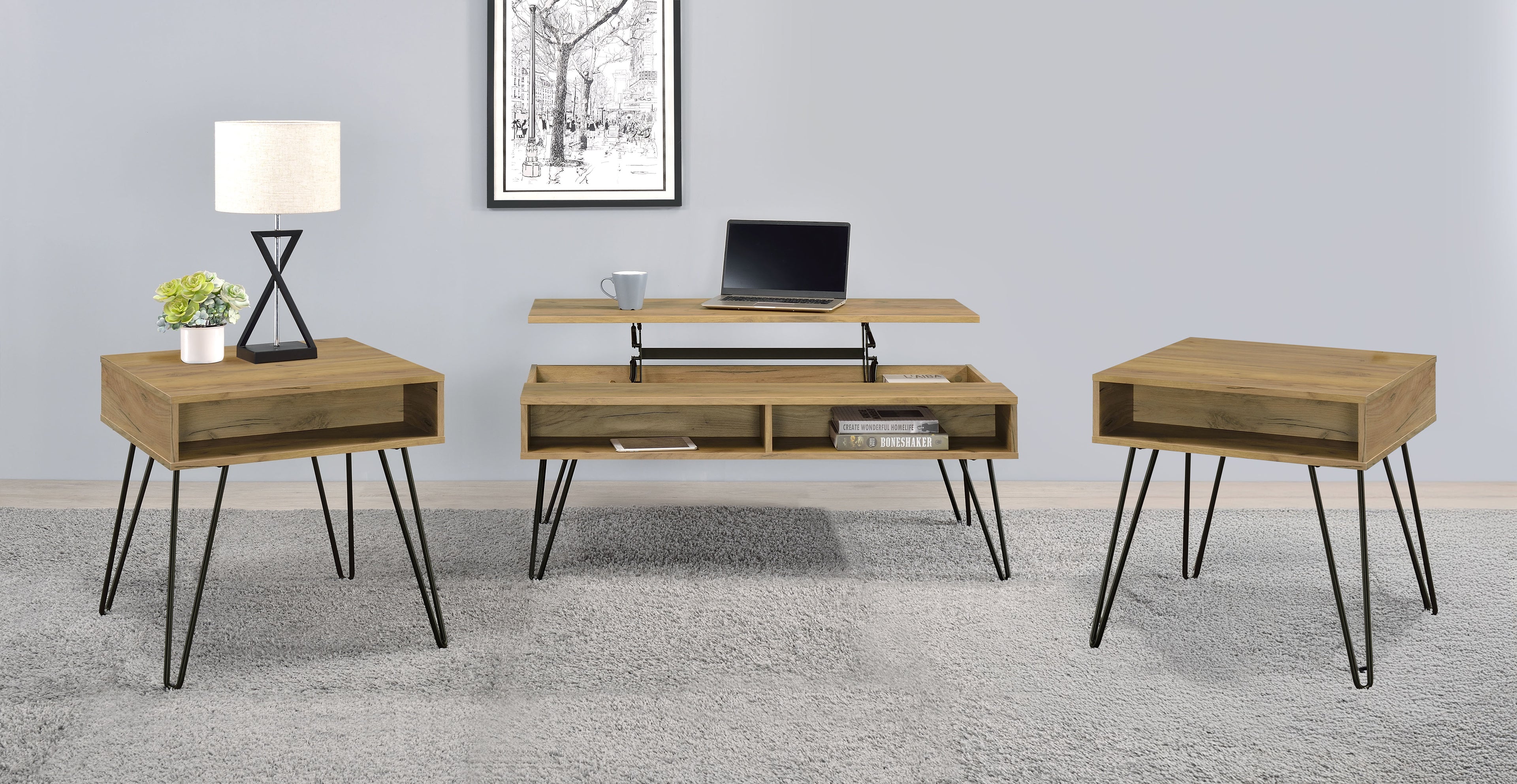 Fanning 3-piece Lift Top Coffee and End Table Set Golden Oak