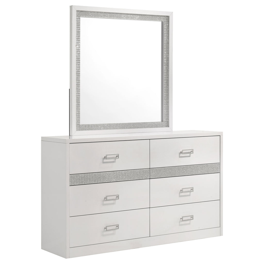 Viana 6-Drawer Bedroom Dresser with Beveled Mirror White High Gloss