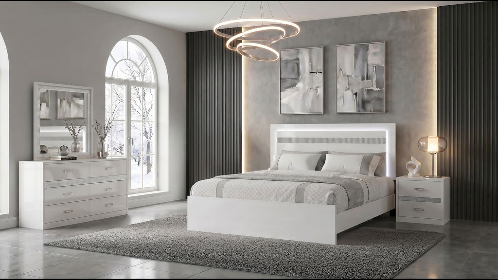 Viana 4-Piece Touch-Control LED Queen Bedroom Set White High Gloss