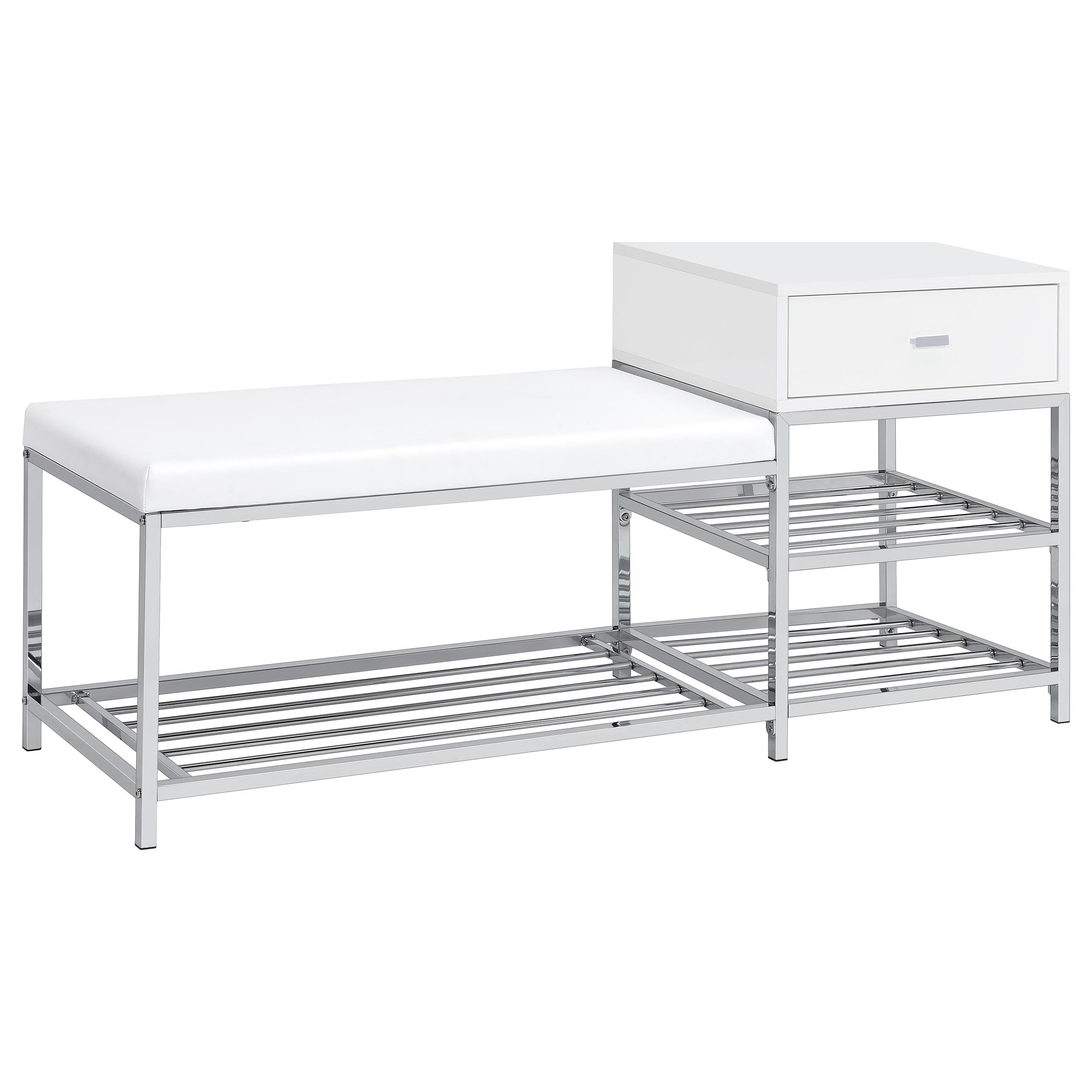 Siega 1-Drawer Shoe Storage Entryway Bench White High Gloss and Chrome