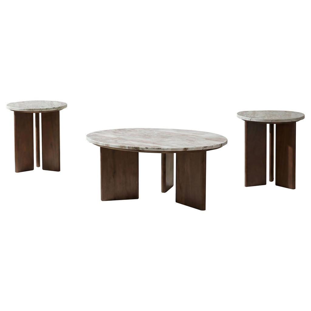 Jenna 3-piece Round Marble Top Coffee Table Set Brown