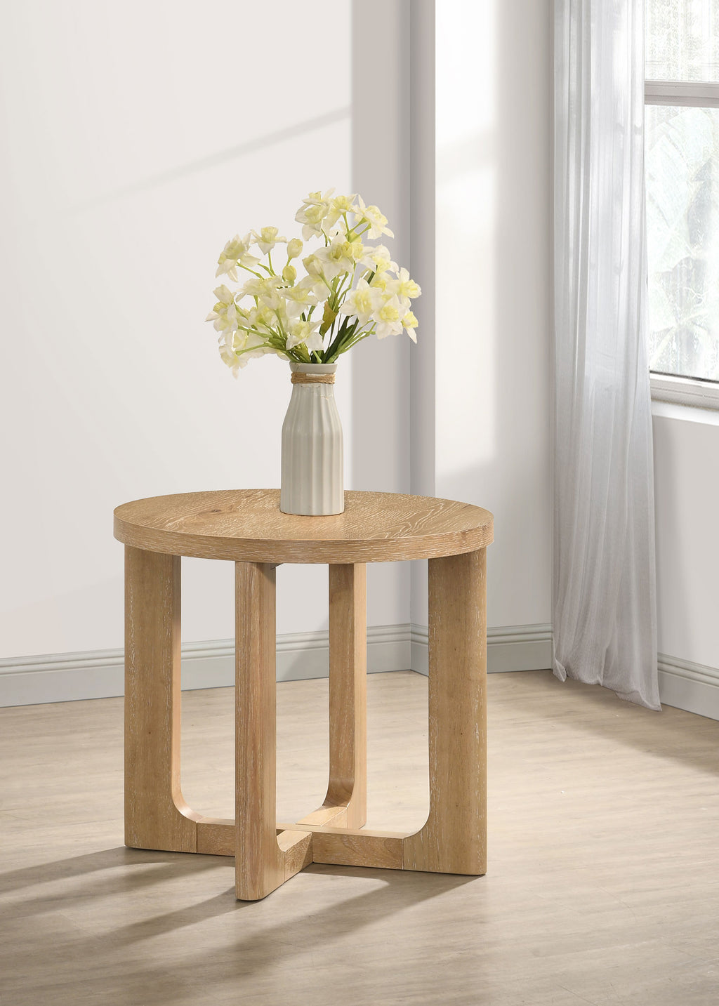 Kessler Round Sculptural Wood End Table Light Oak