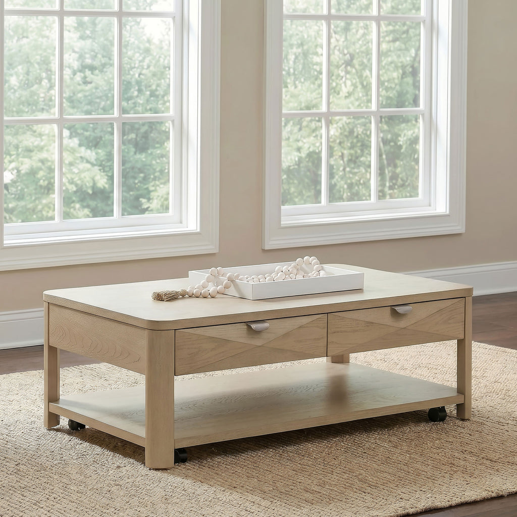 Marcelo Wood Coffee Table with 2 Drawers and Shelf Light Elm