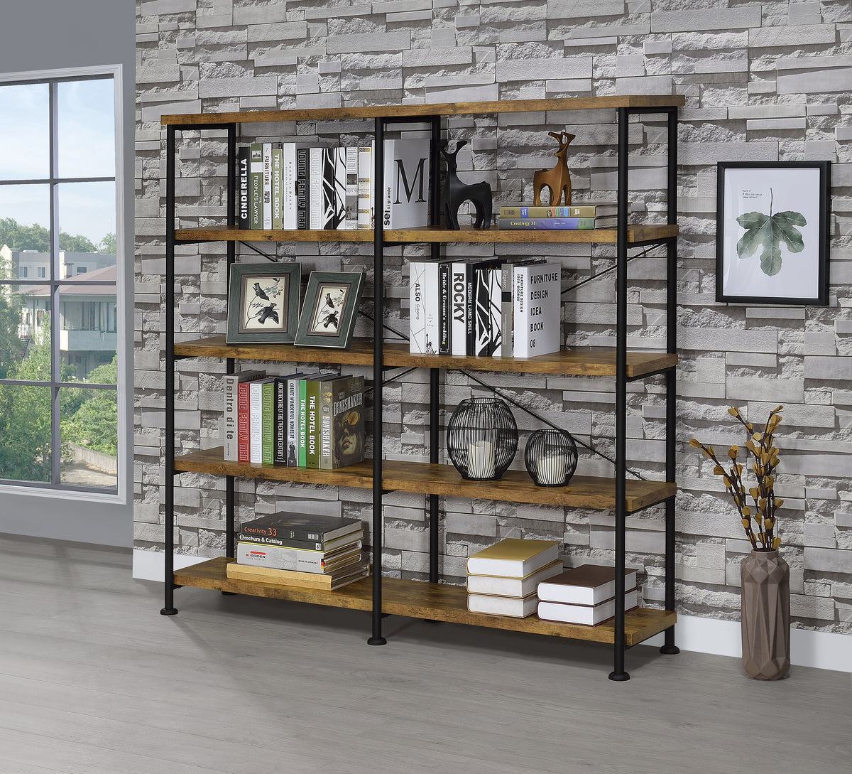 Analiese 63-inch 4-shelf Double Bookshelf Rustic Nutmeg