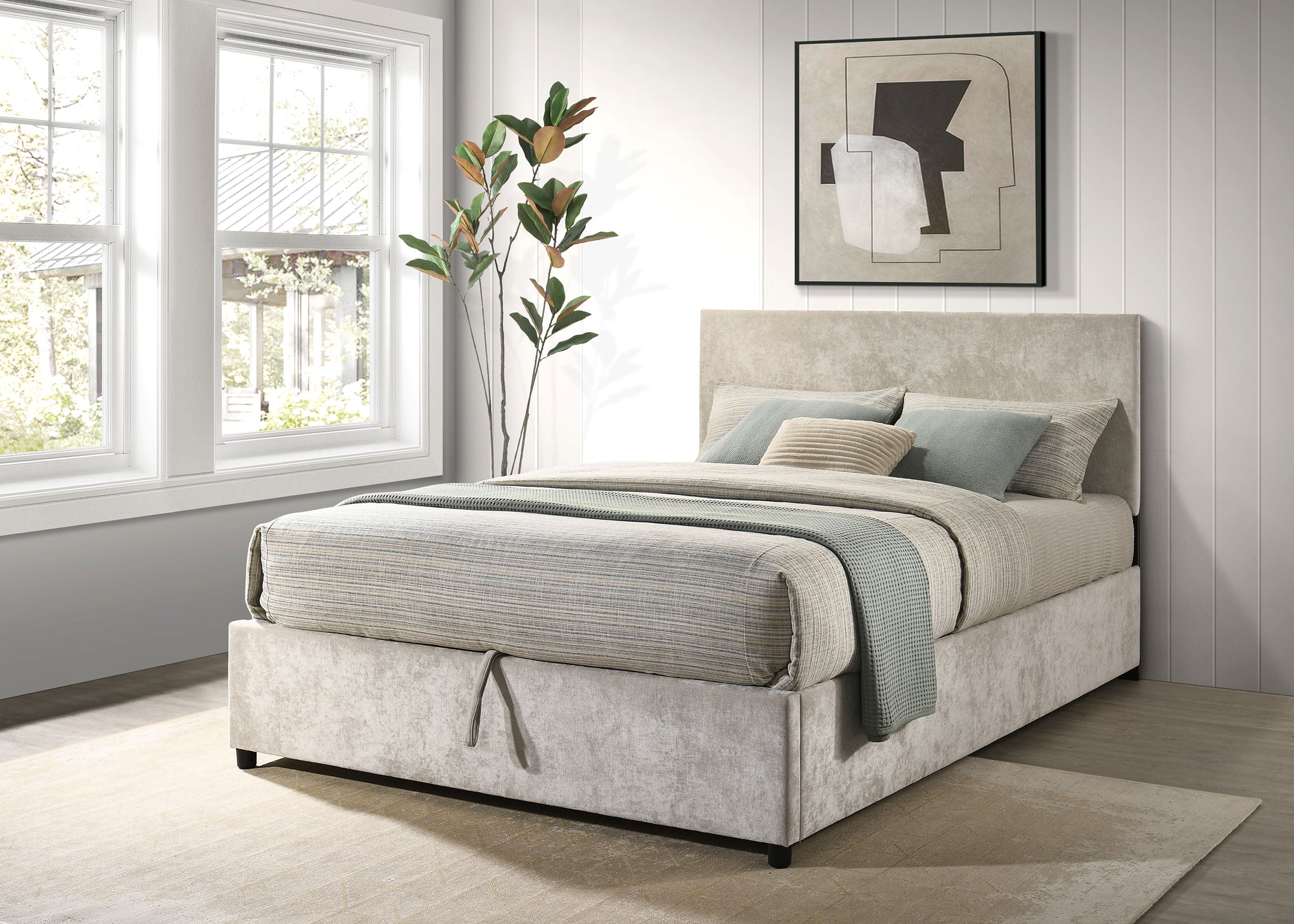 Reeves Upholstered Queen Lift-Top Storage Platform Bed Beige
