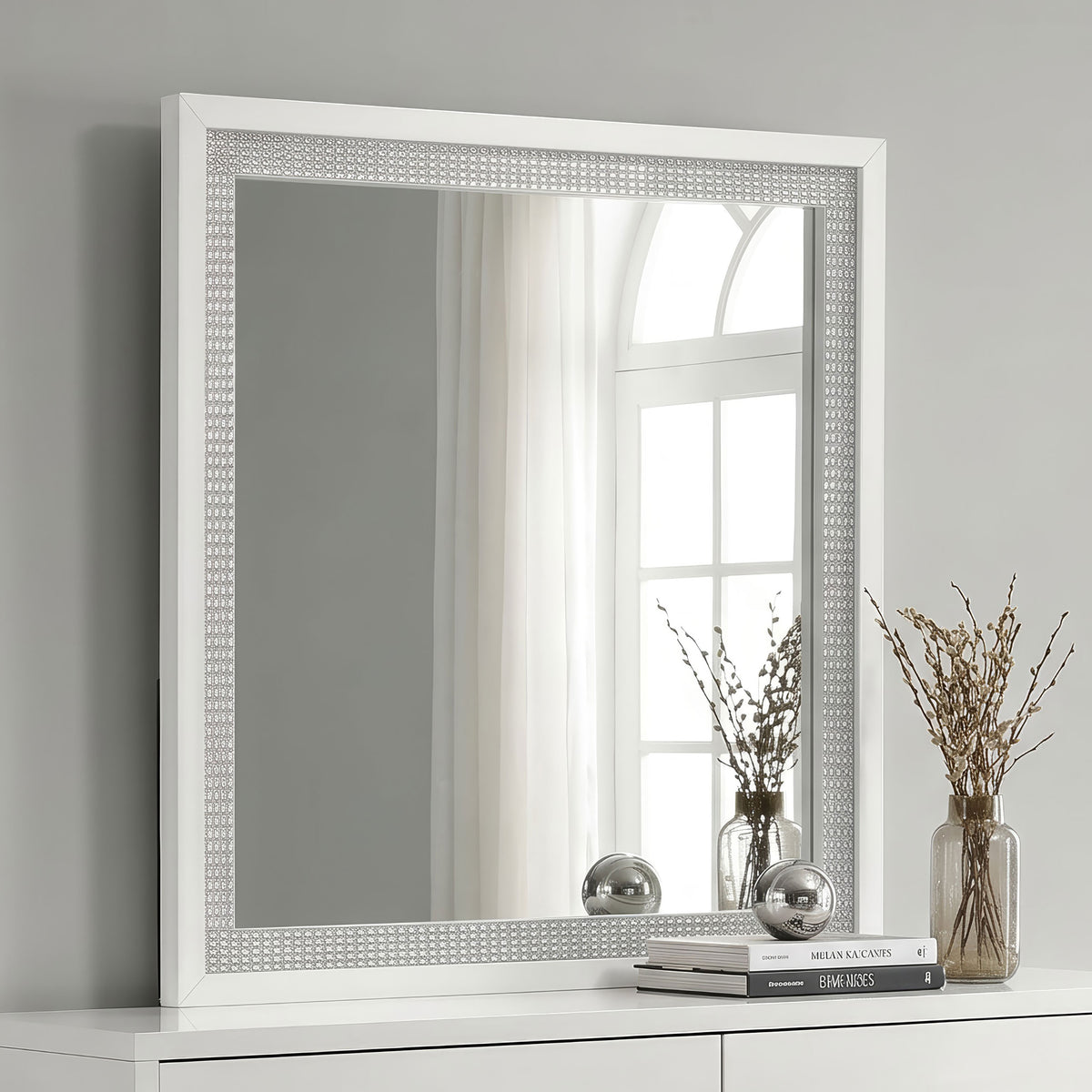 Viana Square Beveled Dresser Mirror with Faceted Trim White High Gloss