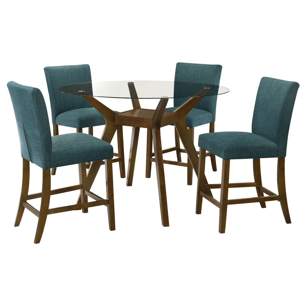 Paxton 5-piece Round Glass Top Counter Height Dining Set Teal Blue