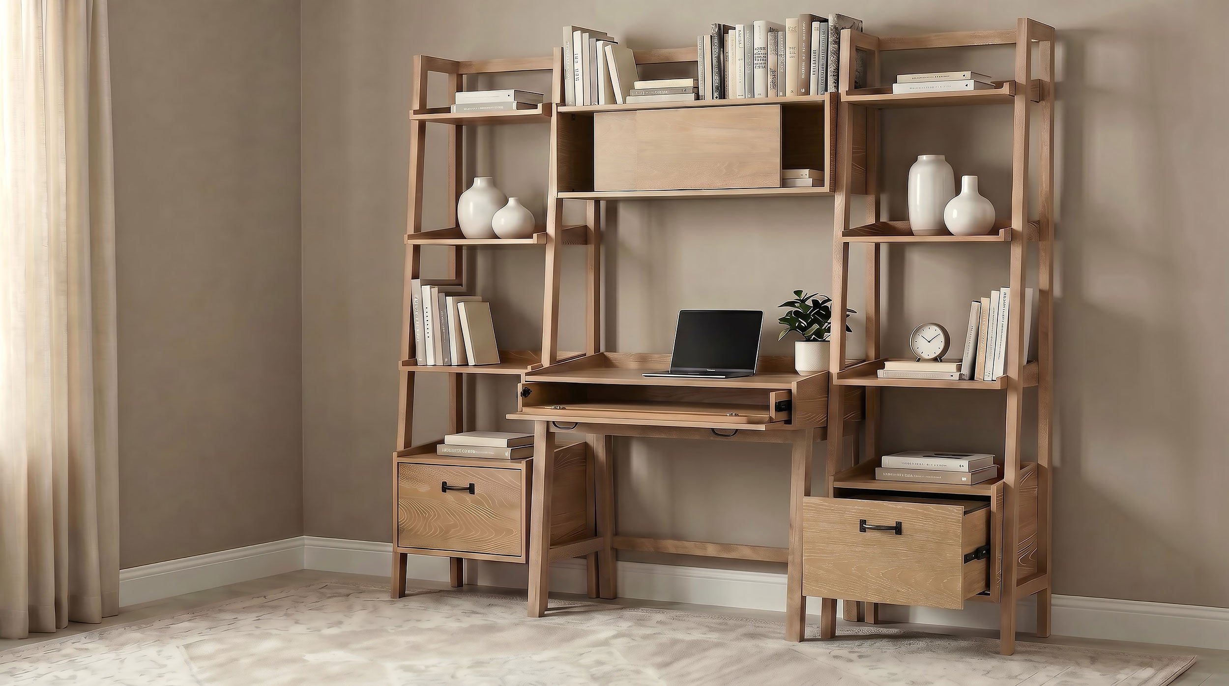 Fabian 4-piece Computer Desk and Bookshelf Set Distressed Light Brown