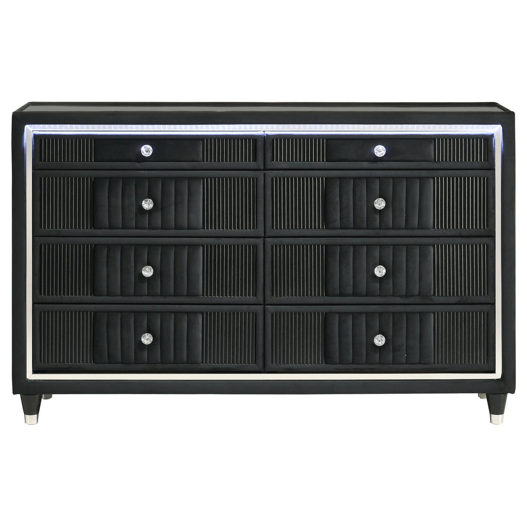 Ravenne 8-drawer Velvet Upholstered LED Dresser Cabinet Black