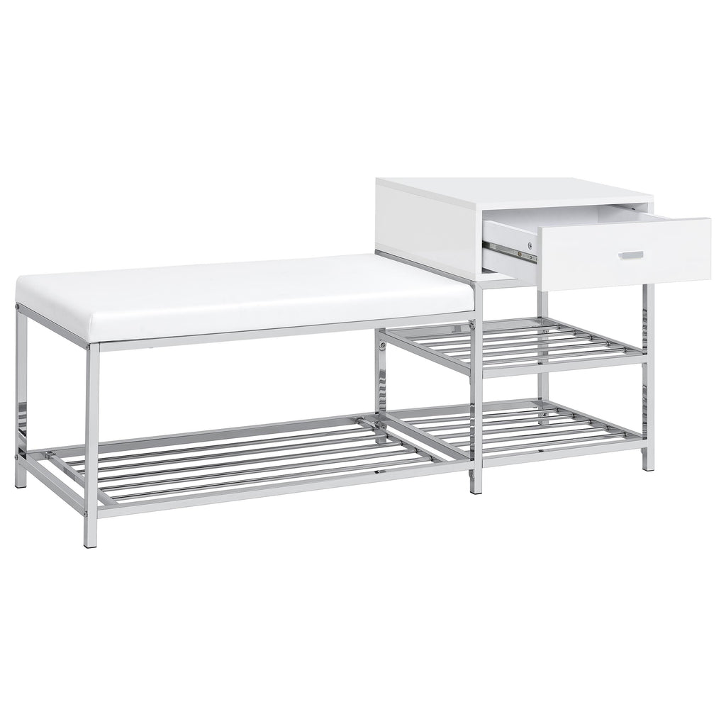 Siega 1-Drawer Shoe Storage Entryway Bench White High Gloss and Chrome