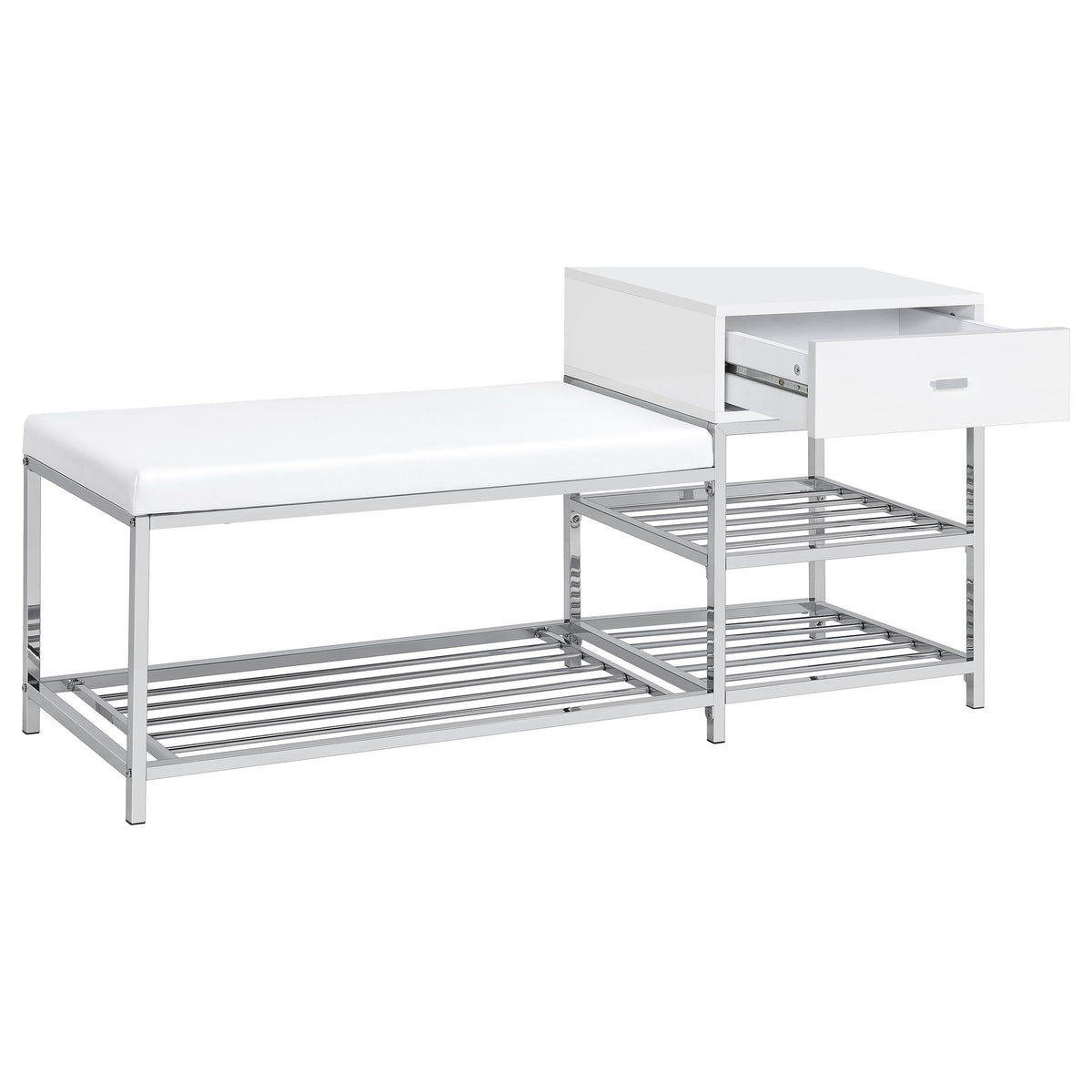 Siega 1-Drawer Shoe Storage Entryway Bench White High Gloss and Chrome