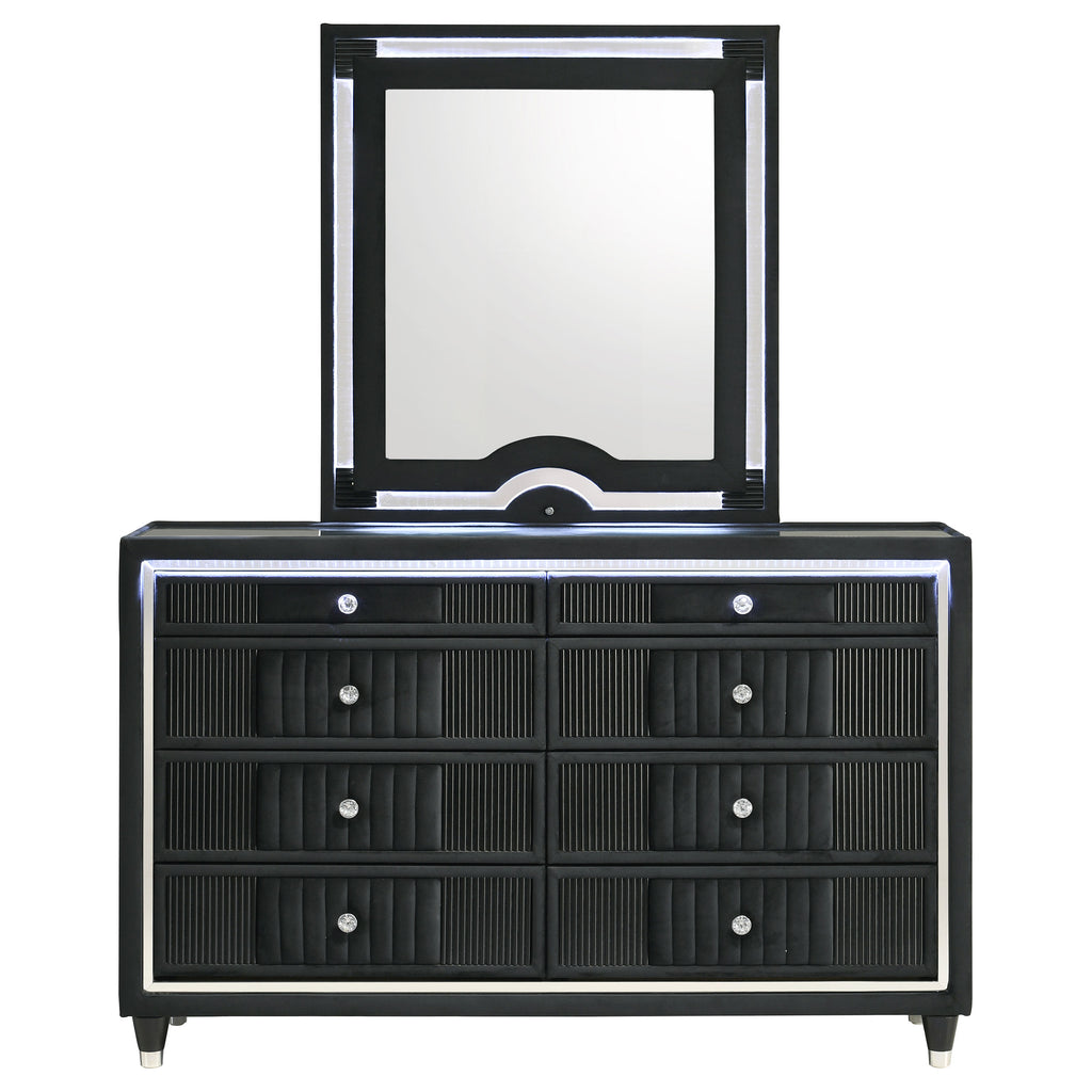 Ravenne 8-drawer Velvet Upholstered LED Dresser and Mirror Black
