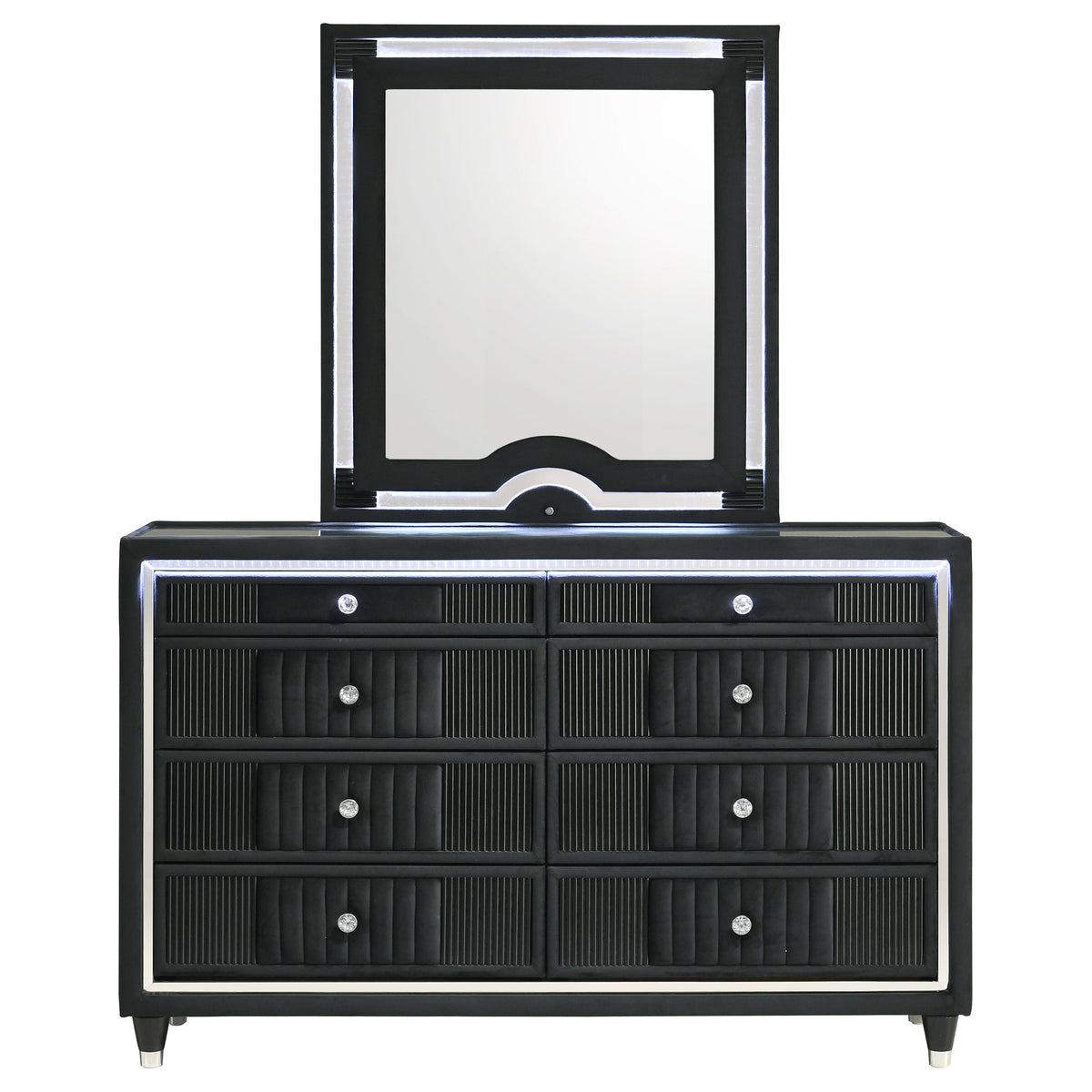 Ravenne 8-drawer Velvet Upholstered LED Dresser and Mirror Black
