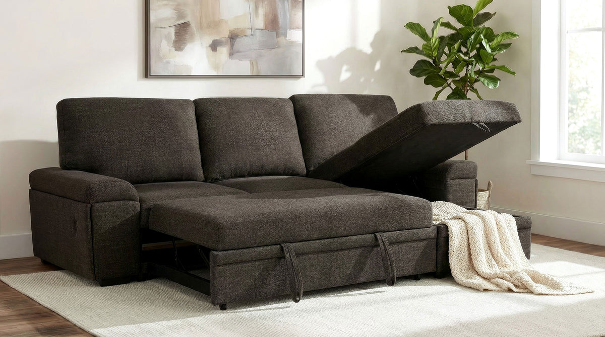 Demko Sleeper Sectional Sofa with Speaker and Storage Chaise Brown