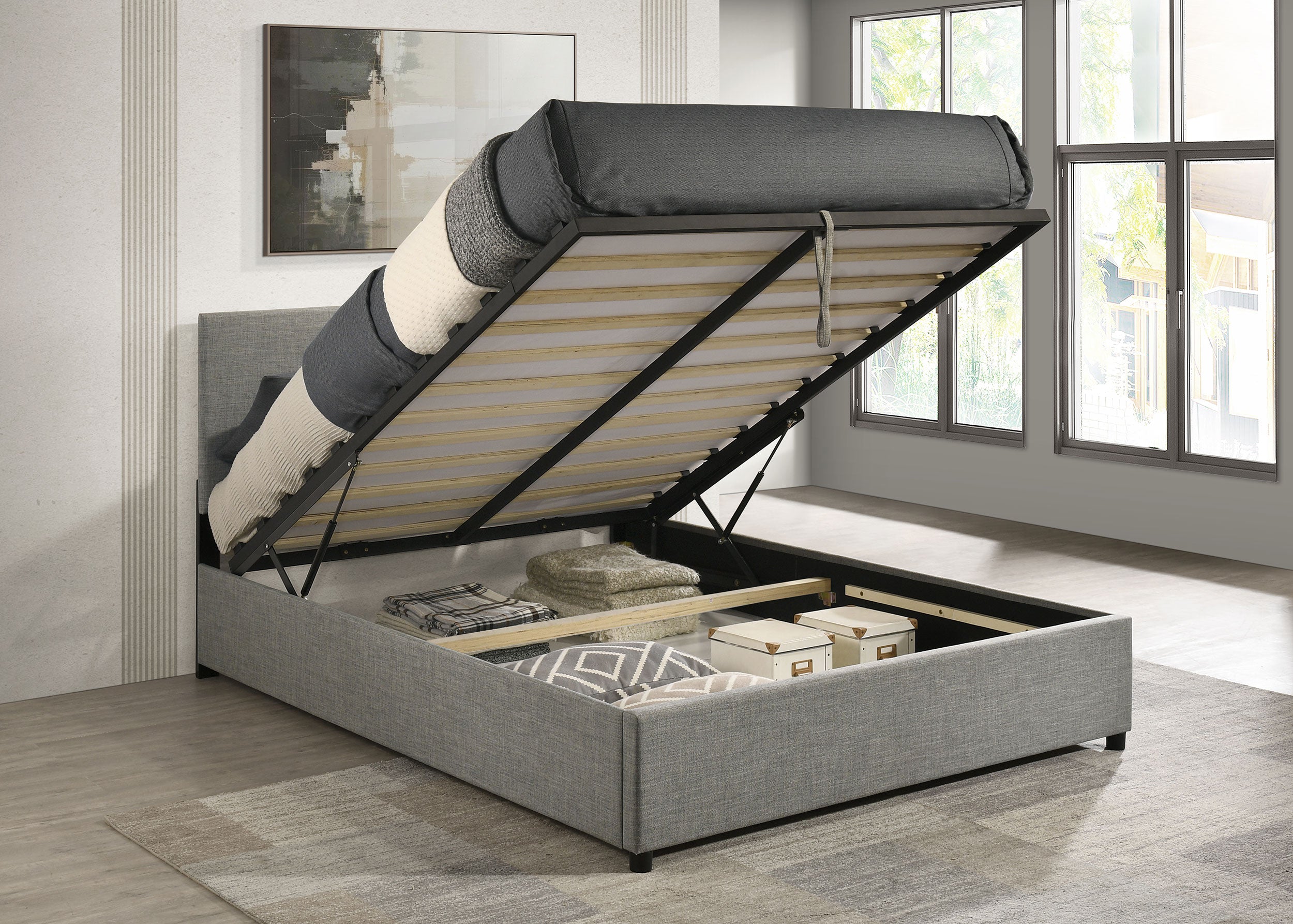 Reeves Upholstered Queen Lift-Top Storage Platform Bed Grey