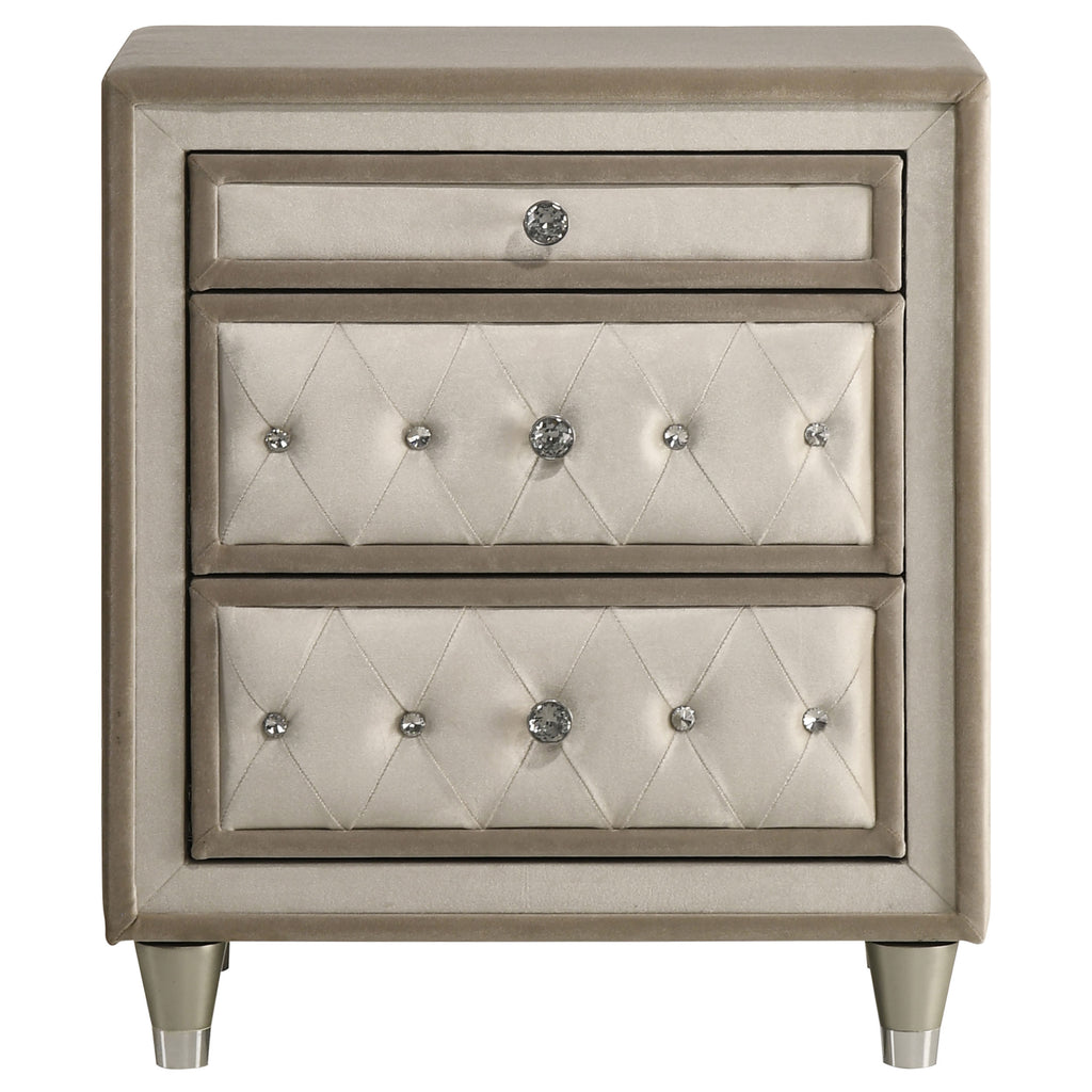 Antonella Upholstered 3-drawer Nightstand Ivory and Camel