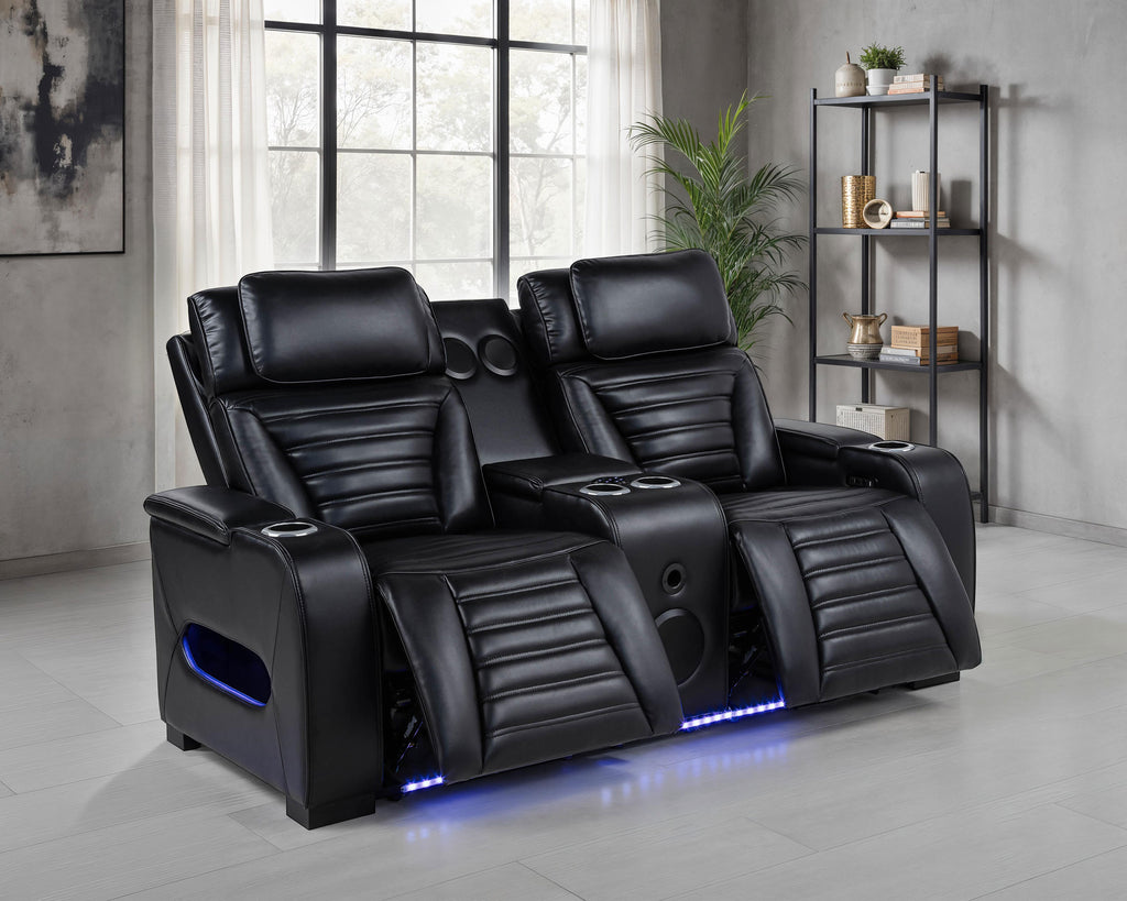 Zuma Faux Leather Dual Power Reclining LED Loveseat Black