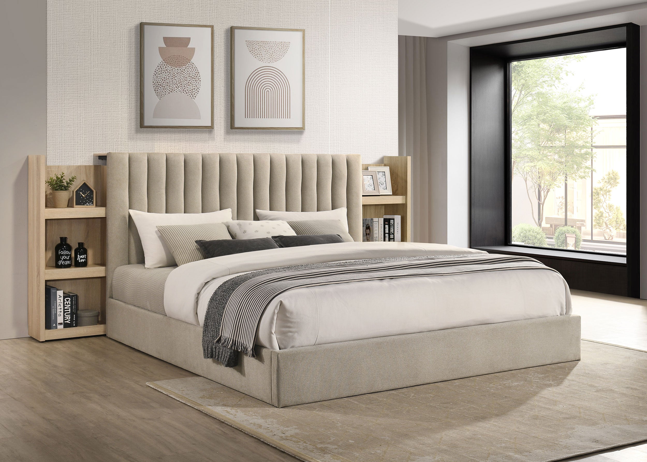 Arielle Eastern King Bookcase Panel Storage Bed Light Oak