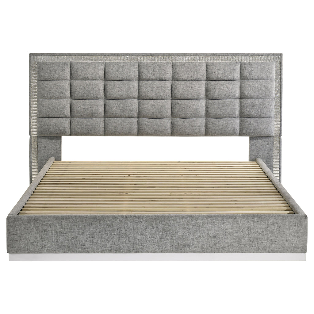 Viana Eastern King Chenille Platform Bed Grey and White High Gloss