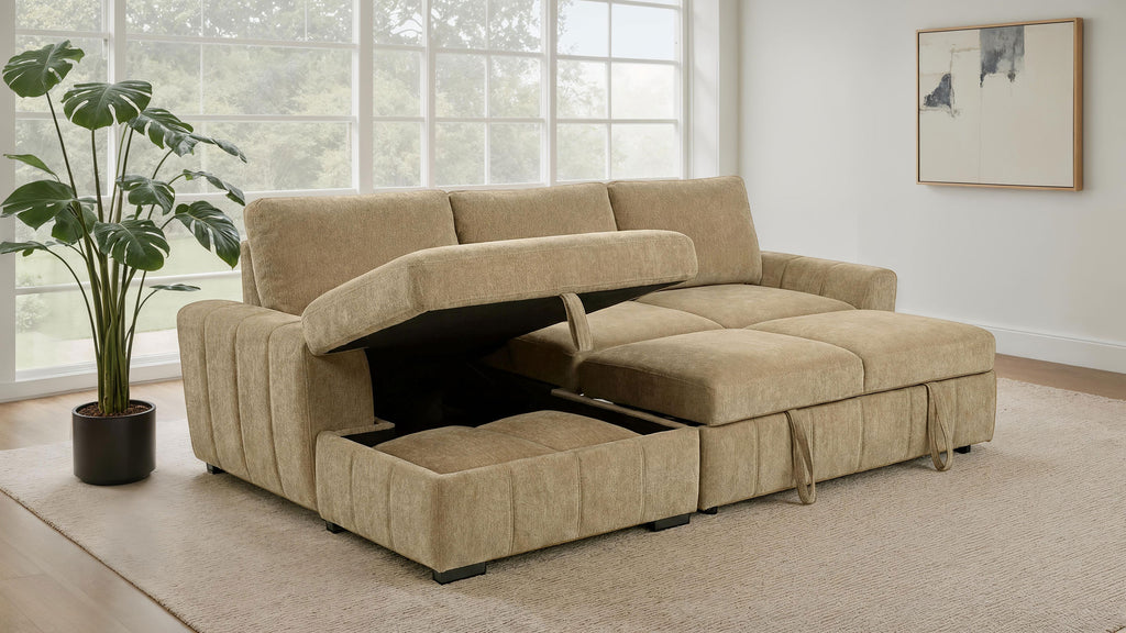 Pastrana Upholstered Sleeper Sectional Sofa LAF Chaise Camel